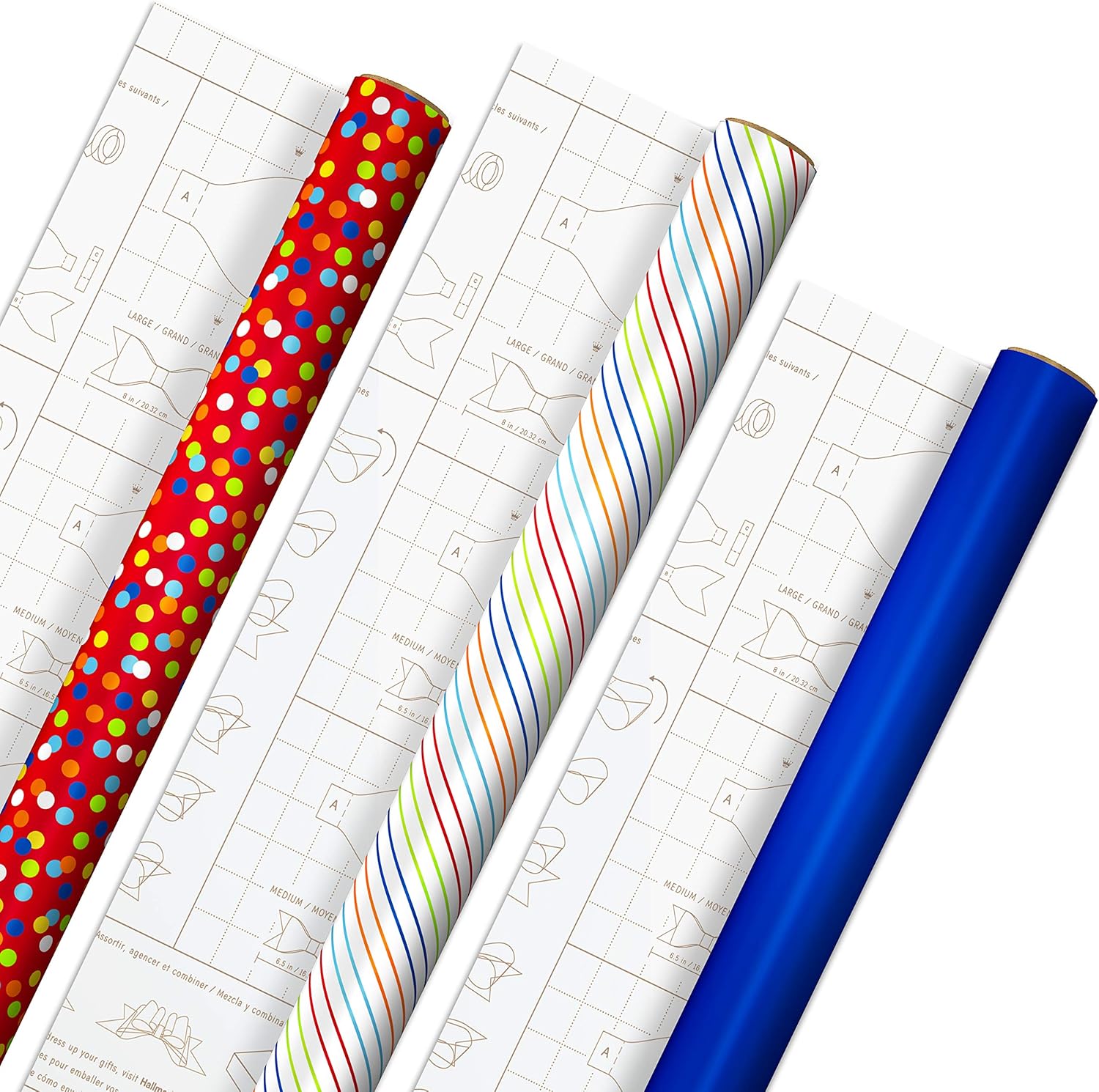 Hallmark Papel de regalo de cumpleaños con plantillas para lazos hechos a mano en el reverso (paquete de 3 75 pies cuadrados ttl) azul real, rayas