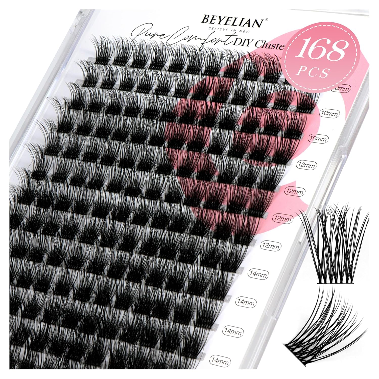 BEYELIAN Pestañas en racimo D, 168 unidades, extensiones de pestañas postizas individuales, aspecto natural, reutilizables, con pegamento, banda
