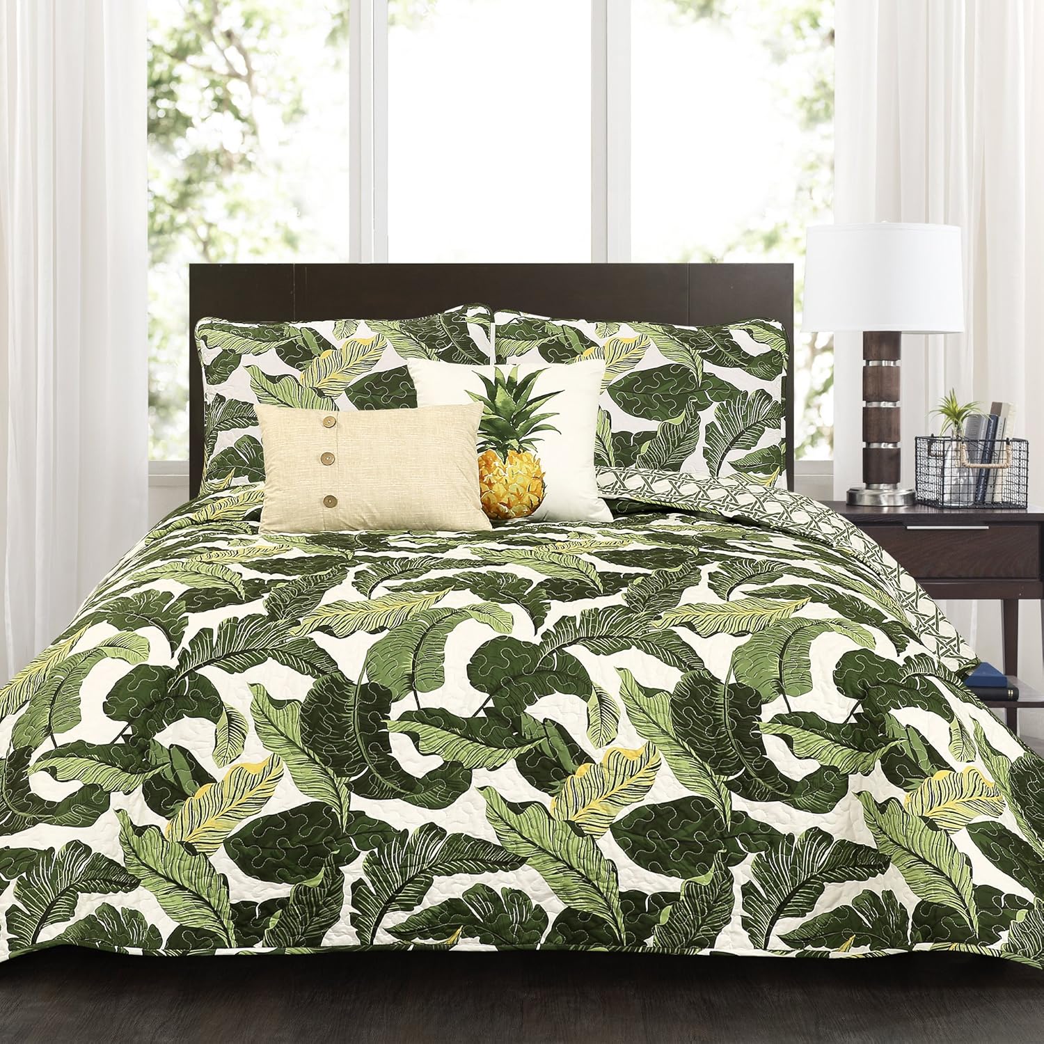 Lush Decor Juego de ropa de cama reversible de 5 piezas con diseño de paraíso tropical verde y hojas de palmera