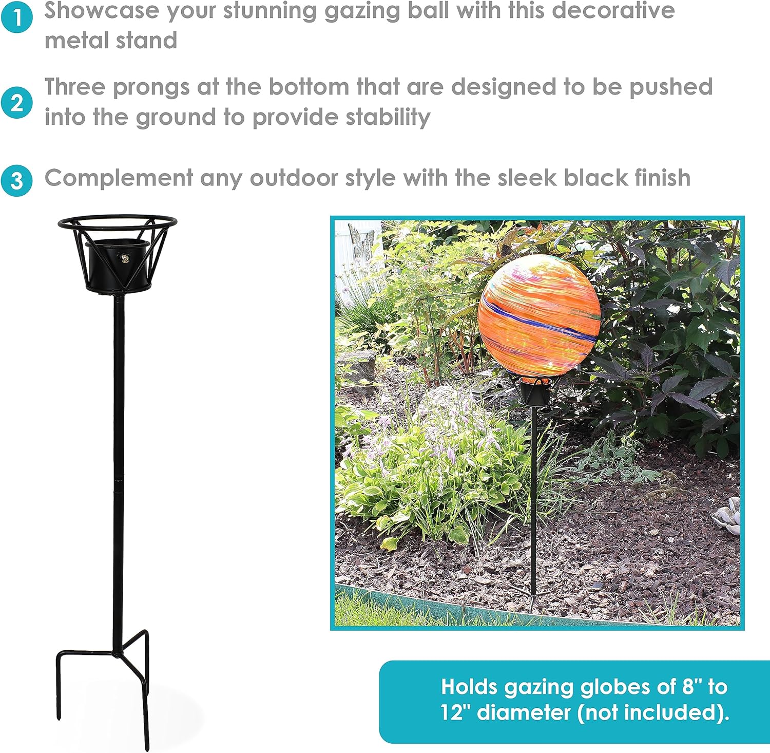 Sunnydaze Soporte de globo de observación para exteriores, soporte de bola de metal para observar bolas de 8 a 12 pulgadas, color negro, 24 pulgadas