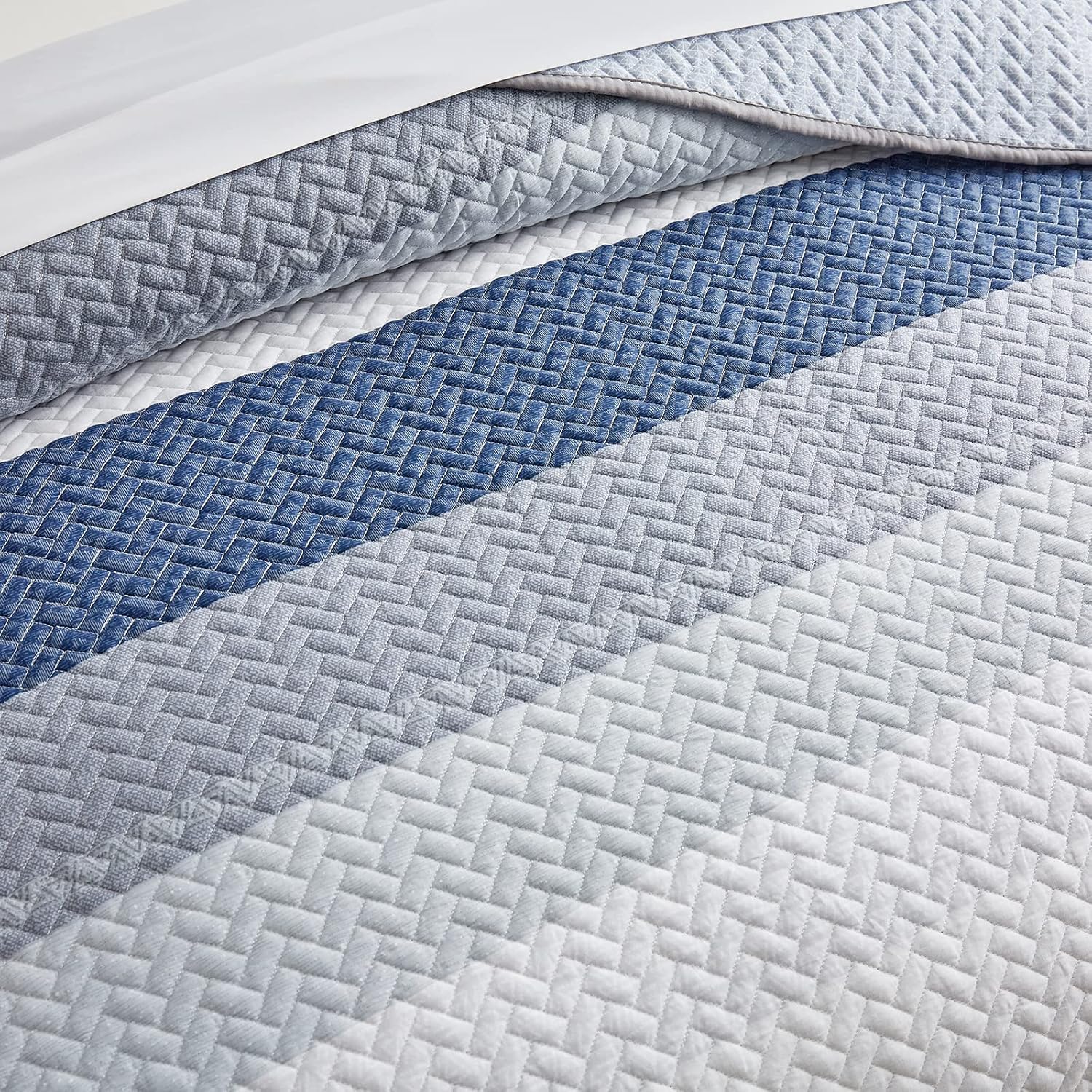 Juego de edredón de algodón a rayas tamaño King con rayas azul marino, blanco, azul, gris, algodón suave, reversible, juego de ropa de cama de 3