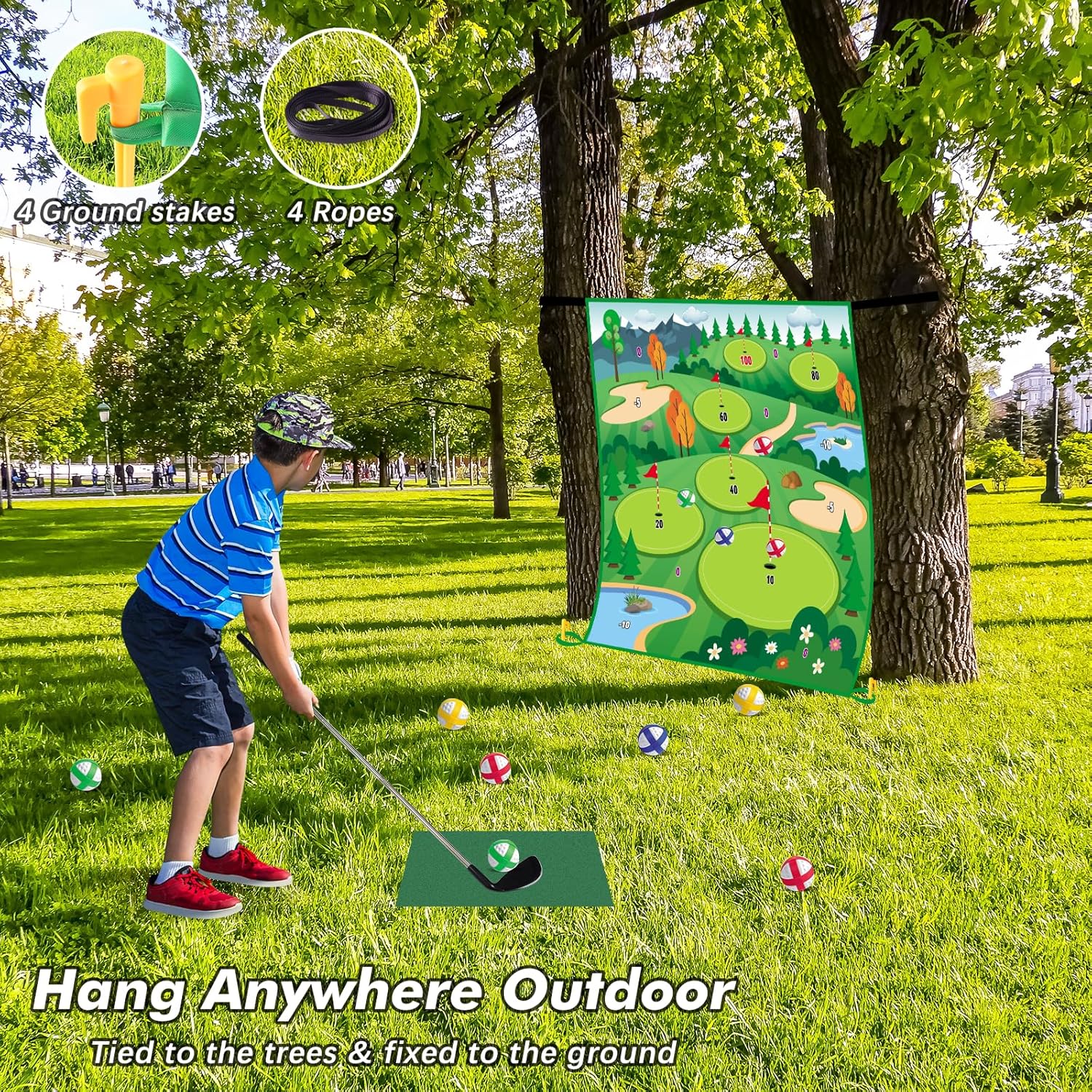 VATOS Alfombrilla de golf con 2 palos, 70 x 70 pulgadas, tapete de entrenamiento de golf para interiores y exteriores, para niños, adultos, familia,