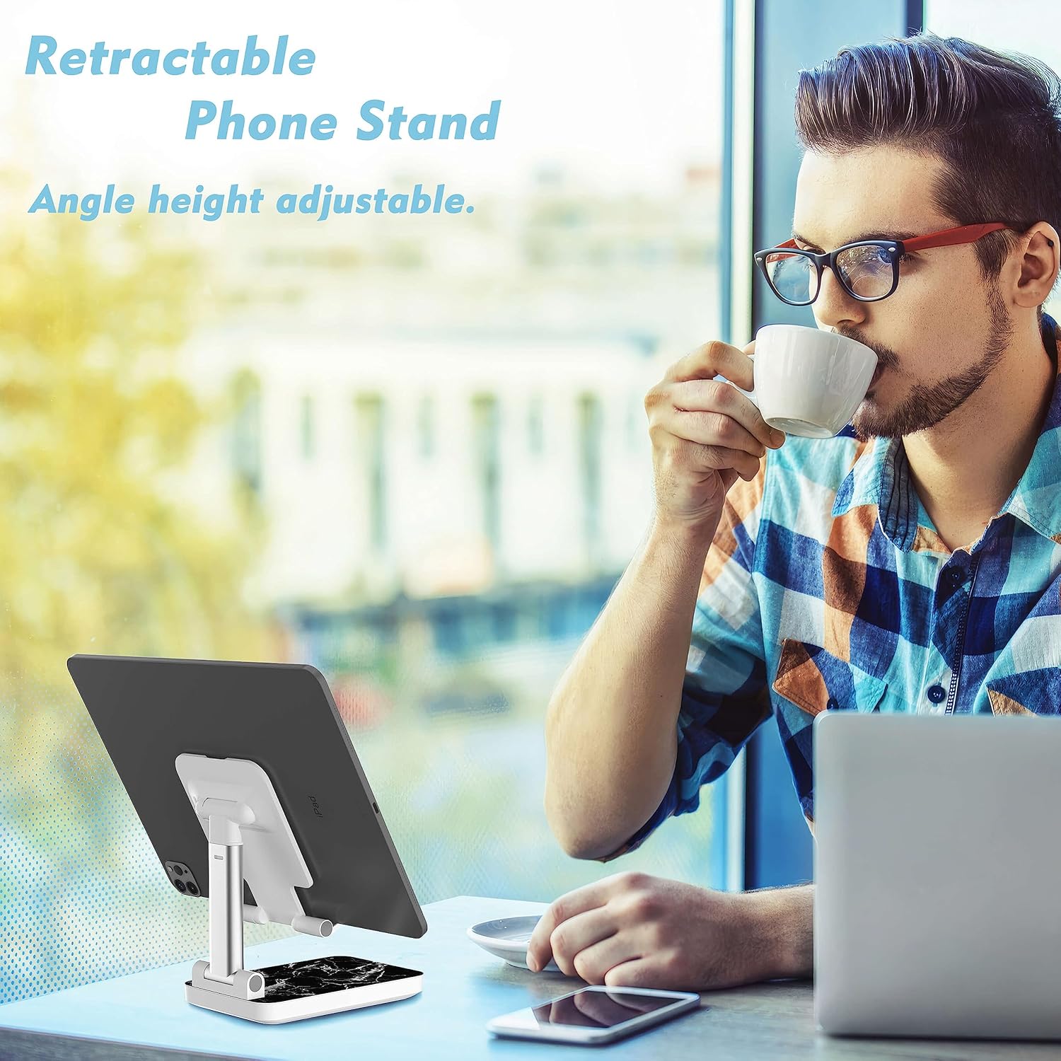 Soporte de teléfono celular de altura ajustable, soporte plegable para escritorio, soporte de teléfono celular adecuado para iPhone, iPad, Samsung y