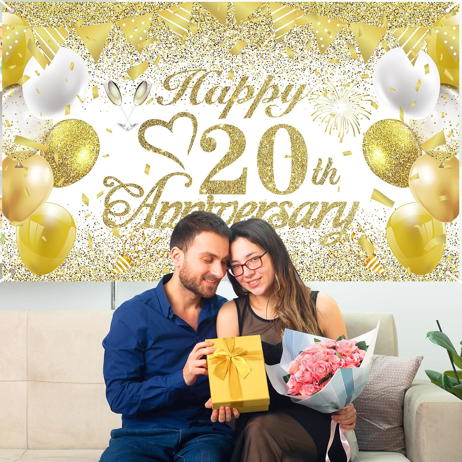 Rumia Decoraciones del 20 aniversario  Cartel de feliz boda de oro blanco, 72.8 x 43.3 pulgadas