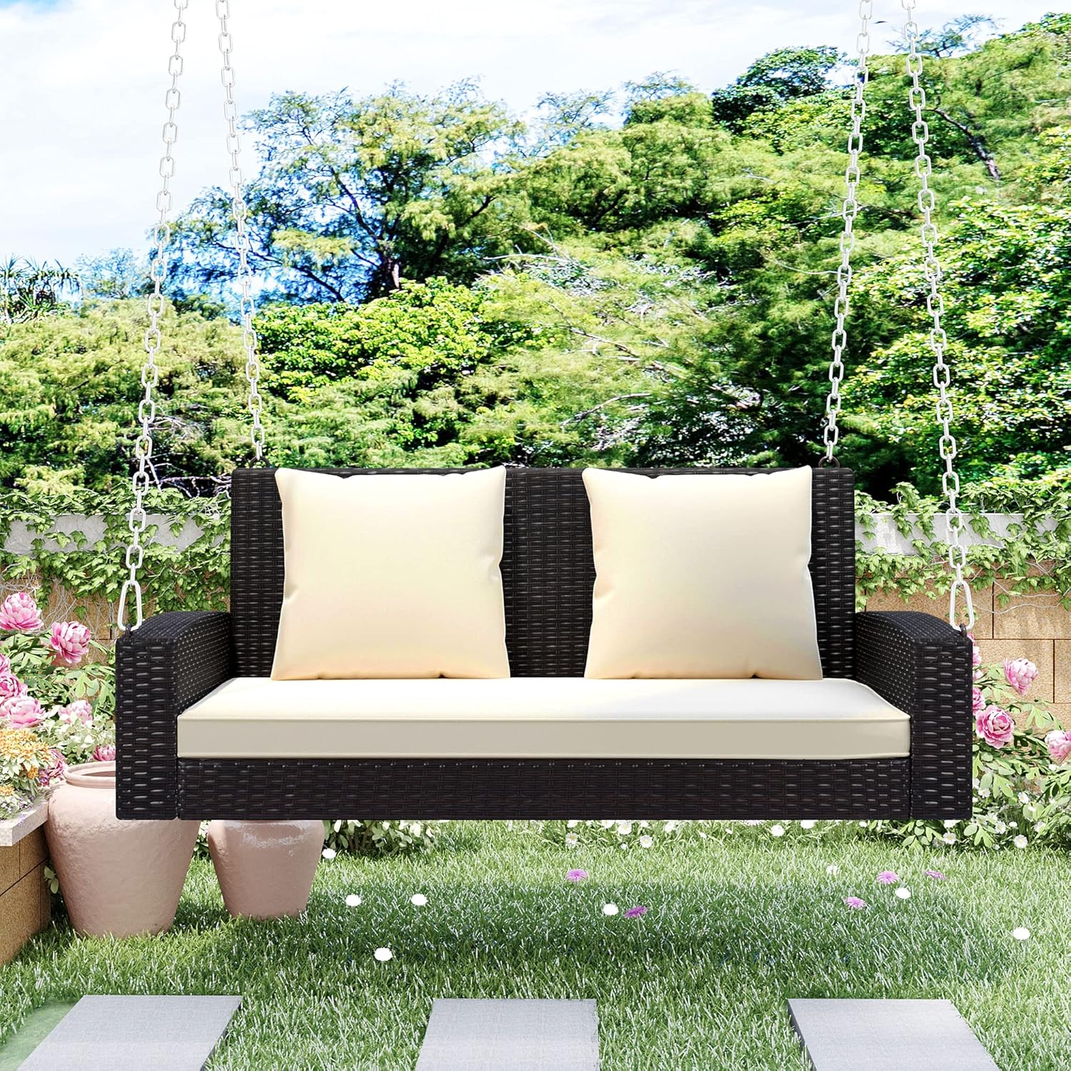 Silla columpio para patio al aire libre para 2 personas con cadenas de acero, sofá biplaza colgante tejido de ratán al aire libre con cojín y