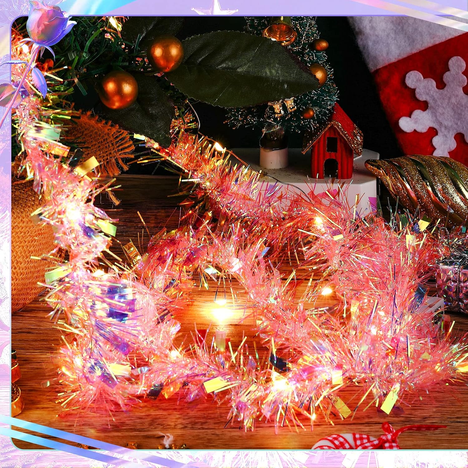 Guirnalda de oropel de árbol de Navidad de 12 tiras de 80 pies con 14 luces LED gruesas y finas serpentinas metálicas para interiores y exteriores,