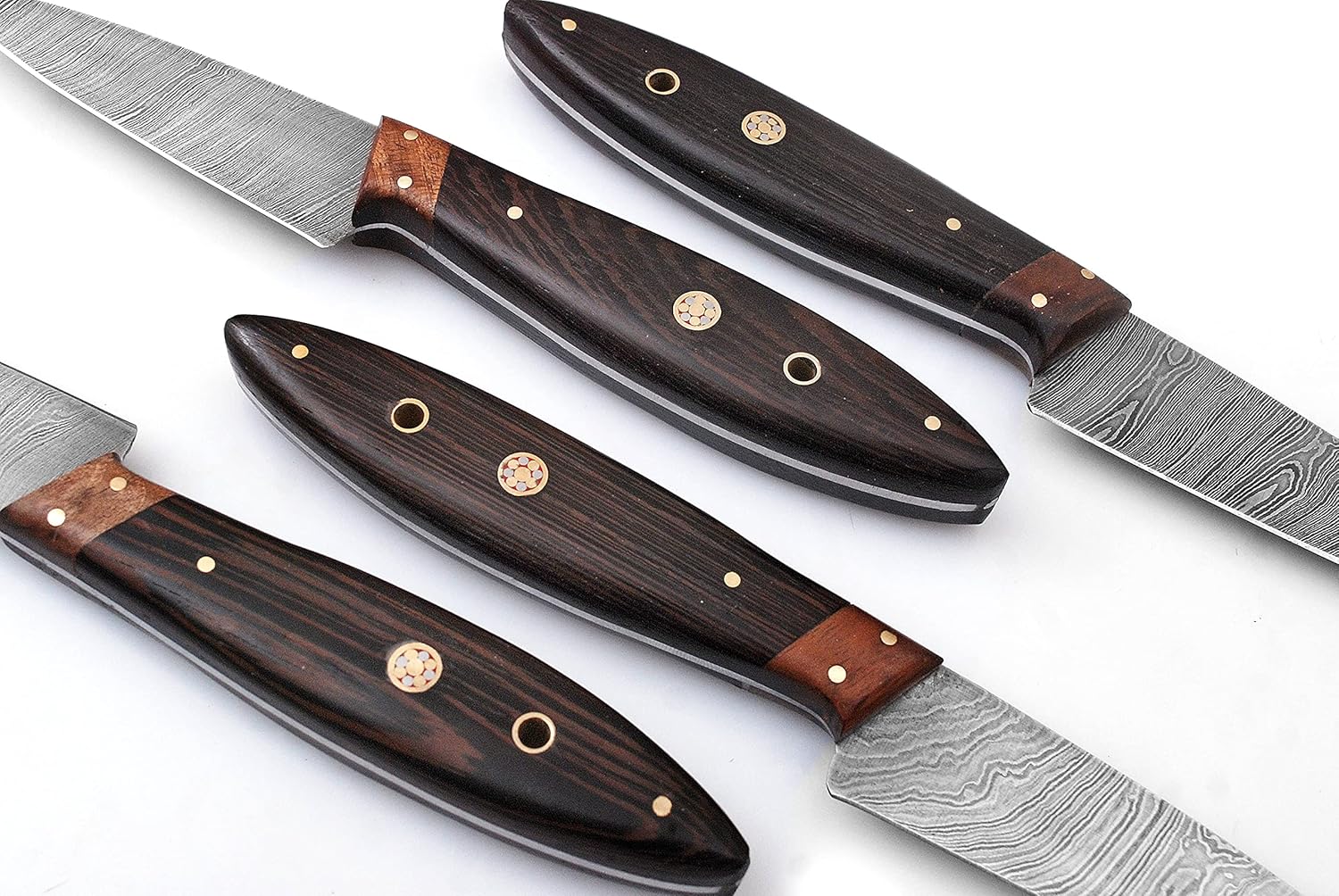 Juego de cuchillos de carne hechos a mano de acero de Damasco – Juego de 4 cuchillos para carne con mango de madera de Pakka (madera de wengué negro)