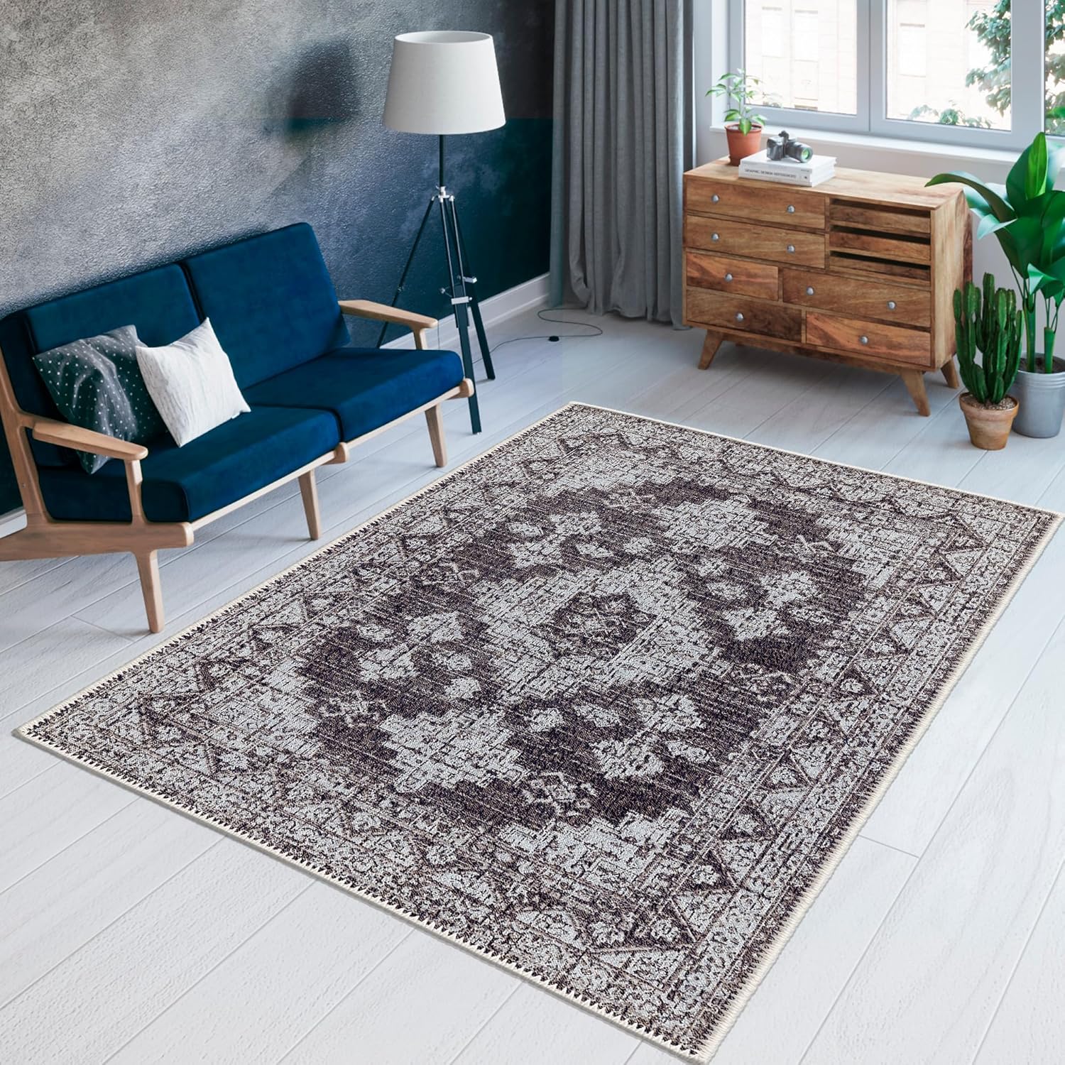HomeNette Alfombras de área lavables, de 3 x 5, color negro, con parte trasera antideslizante, resistente a las manchas, plegable, bohemia lavable a