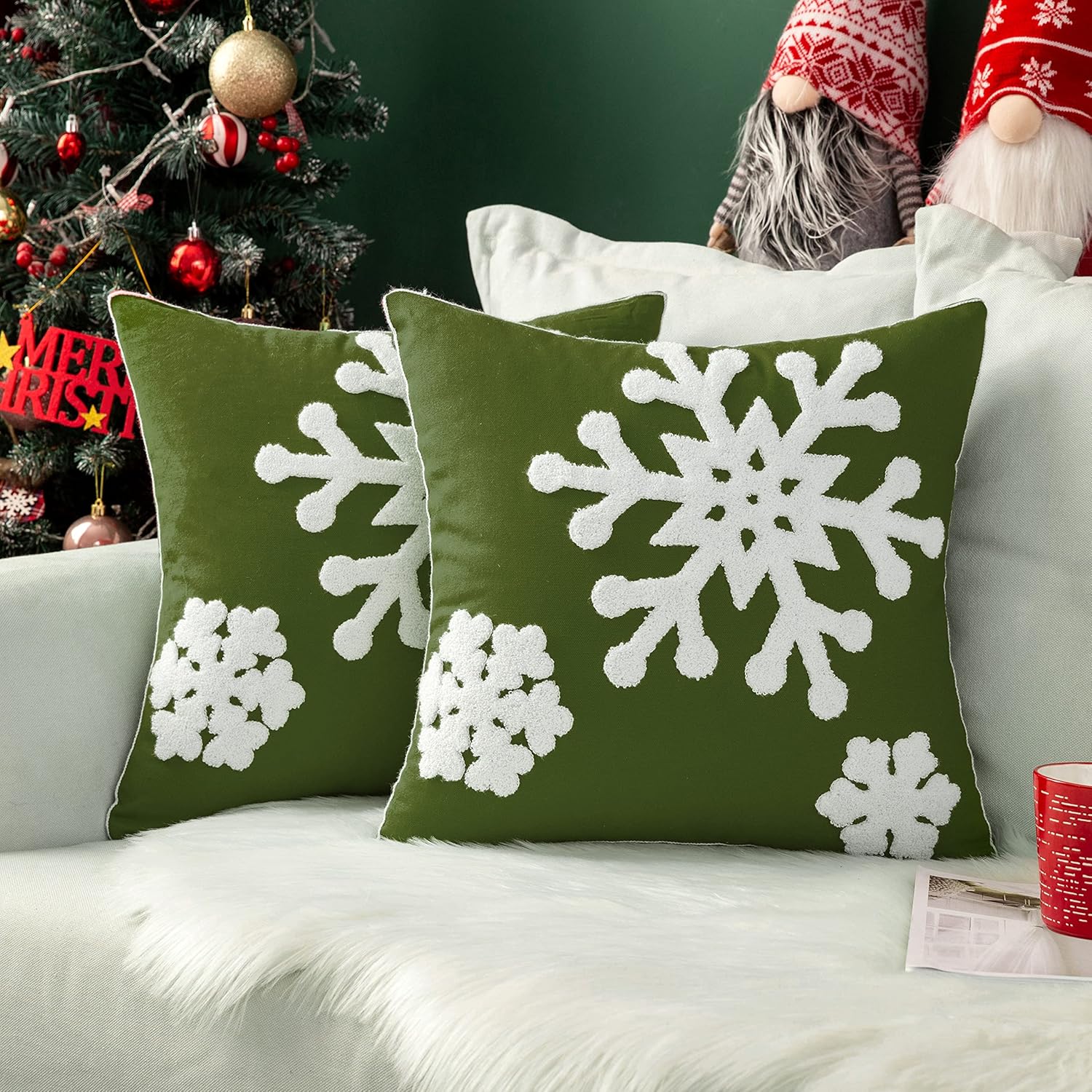 MIULEE Paquete de 2 fundas de almohada decorativas de Navidad con diseño de copo de nieve, fundas de cojín de lona bordadas, fundas de almohada