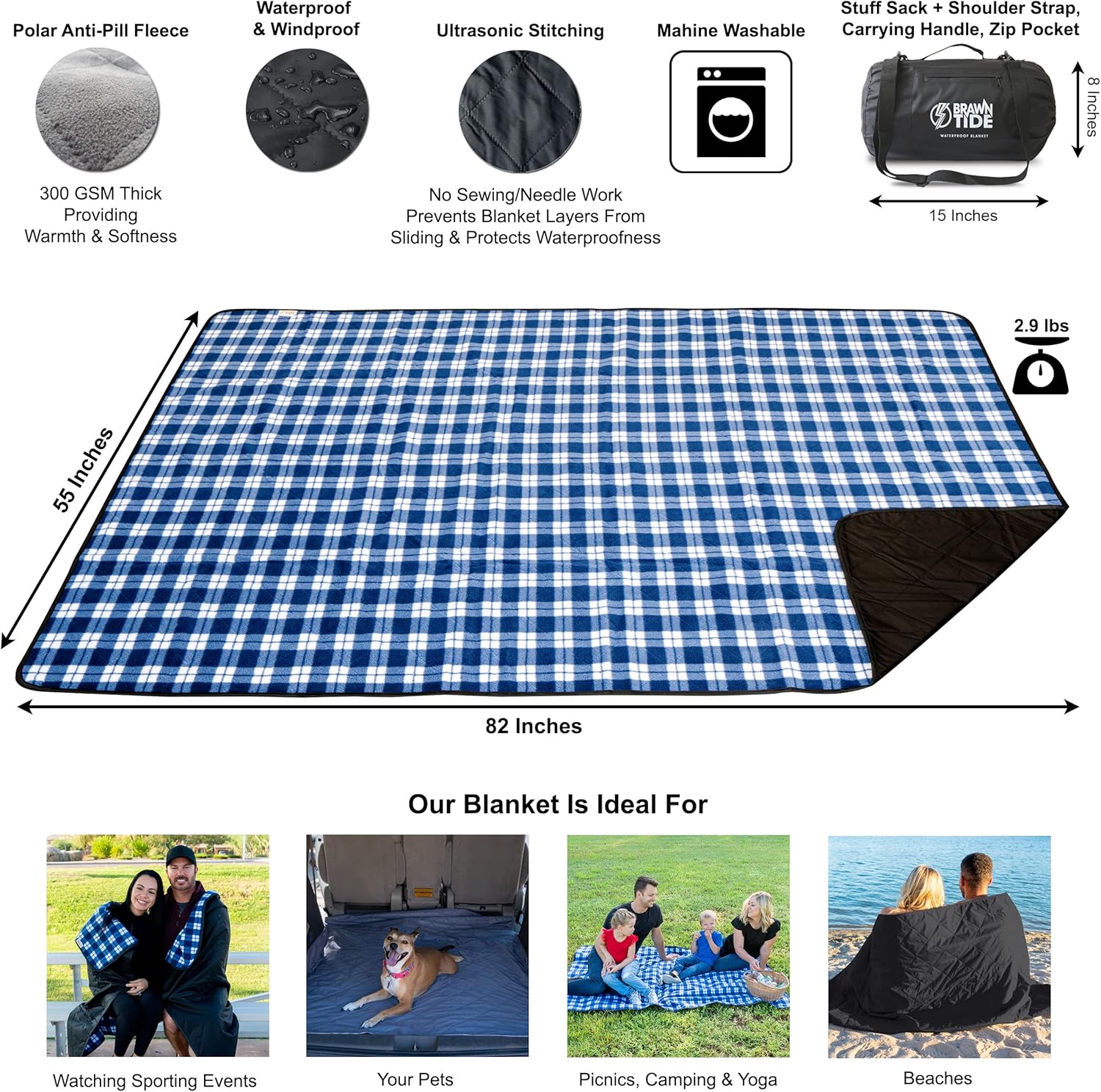 Brawntide – Manta grande impermeable para exteriores, acolchada, forro polar extragrueso, cálida, resistente al viento, a prueba de arena, incluye