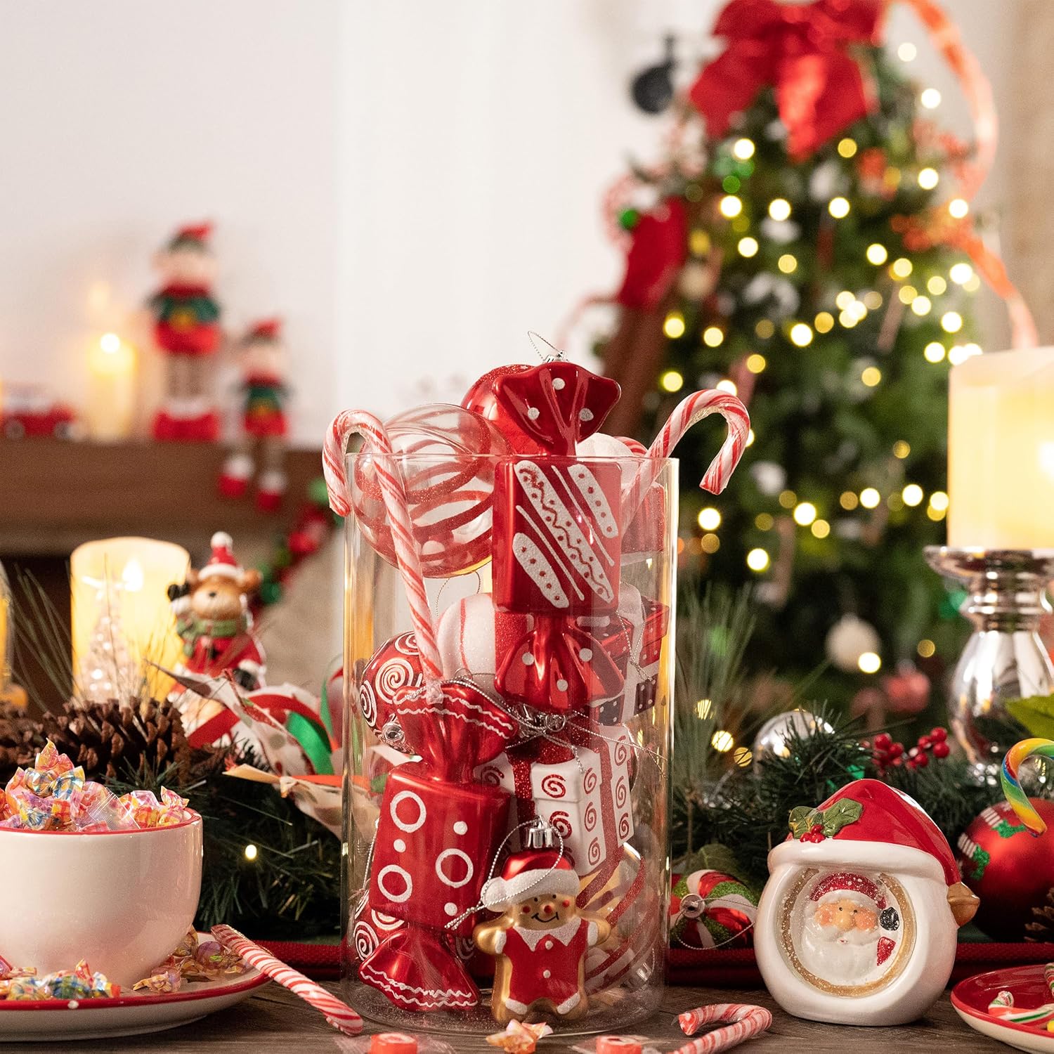 Valery Madelyn Juego de adornos de Navidad, 120 unidades de bastón de caramelo rojo y blanco, juego de decoración de árbol de Navidad inastillable,