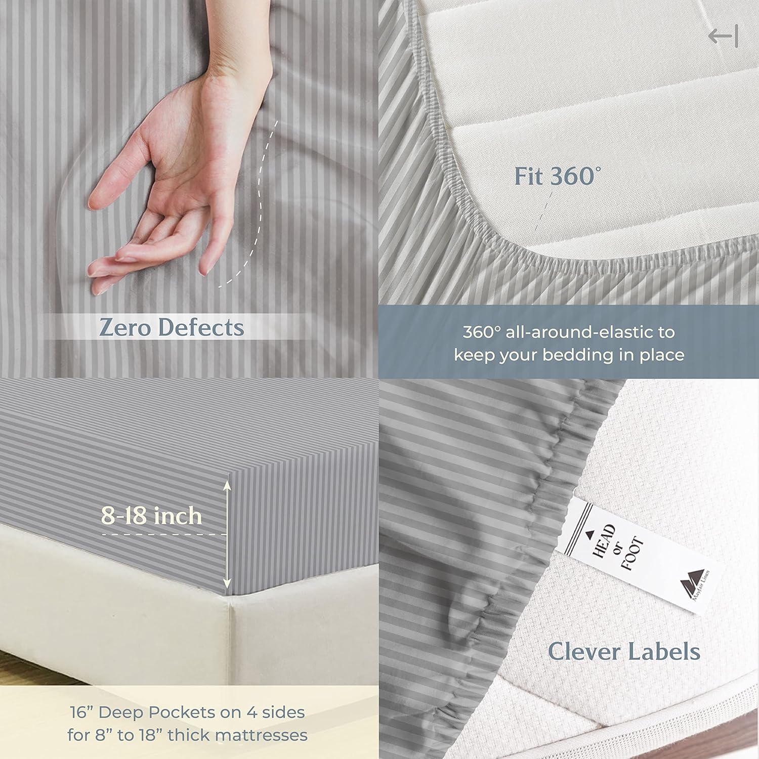Mayfair Linen Juego de sábanas de 500 hilos 100% algodón egipcio a rayas, sábana tamaño King de algodón de fibra larga plateada, se adapta a