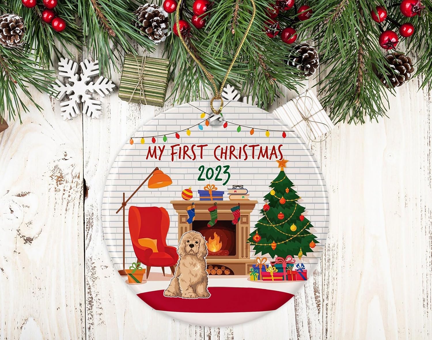 American Cocker Spaniel Adorno de Navidad  Spaniel’s First Dog My Pet para perros de ambos lados, ORNAMENT-2R13GIPIPE-Ambos lados, blanco