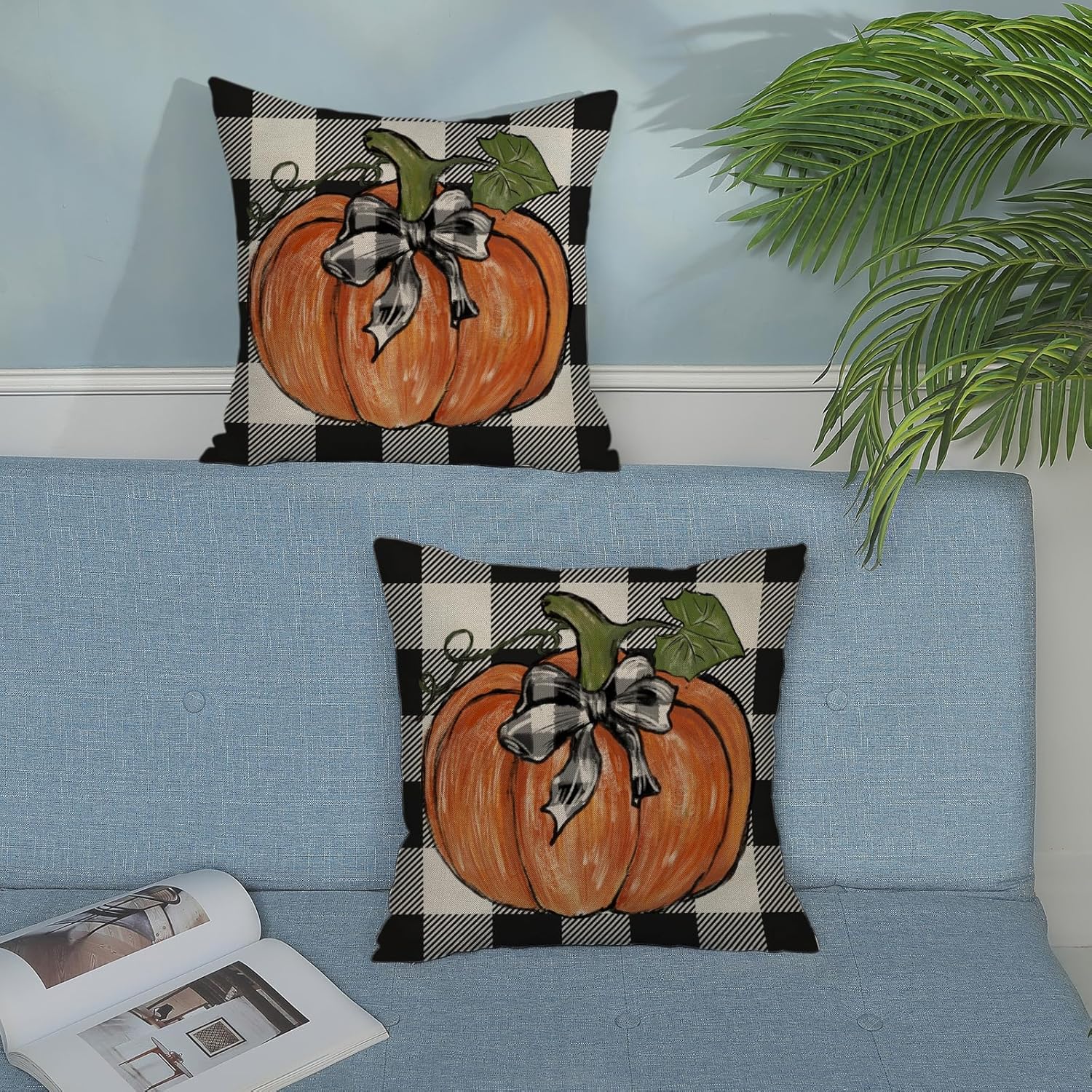 QANOK Juego de 2 fundas de almohada de otoño de 20 x 20 pulgadas, decoración de otoño, a cuadros, calabaza, para exteriores, otoño, Acción de
