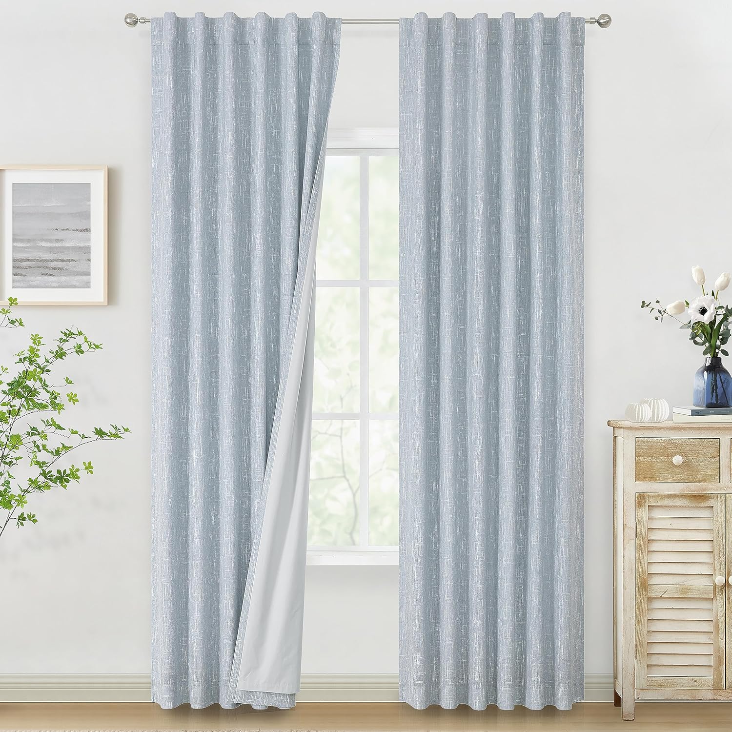 Vision Home Cortinas opacas con bolsillo para barra, pestaña trasera, color azul cambray, 95 pulgadas, para sala de estar, paneles de ventana,