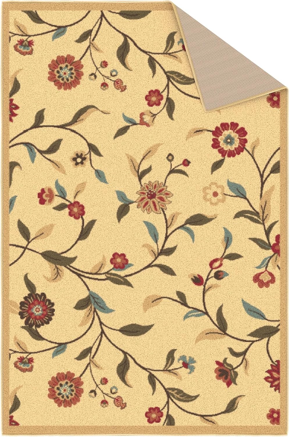 Ottomanson Ottohome Collection – Alfombra antideslizante de goma con diseño de hojas florales de 3 x 5 pies, 3 pies 3 pulgadas x 5 pies, color beige
