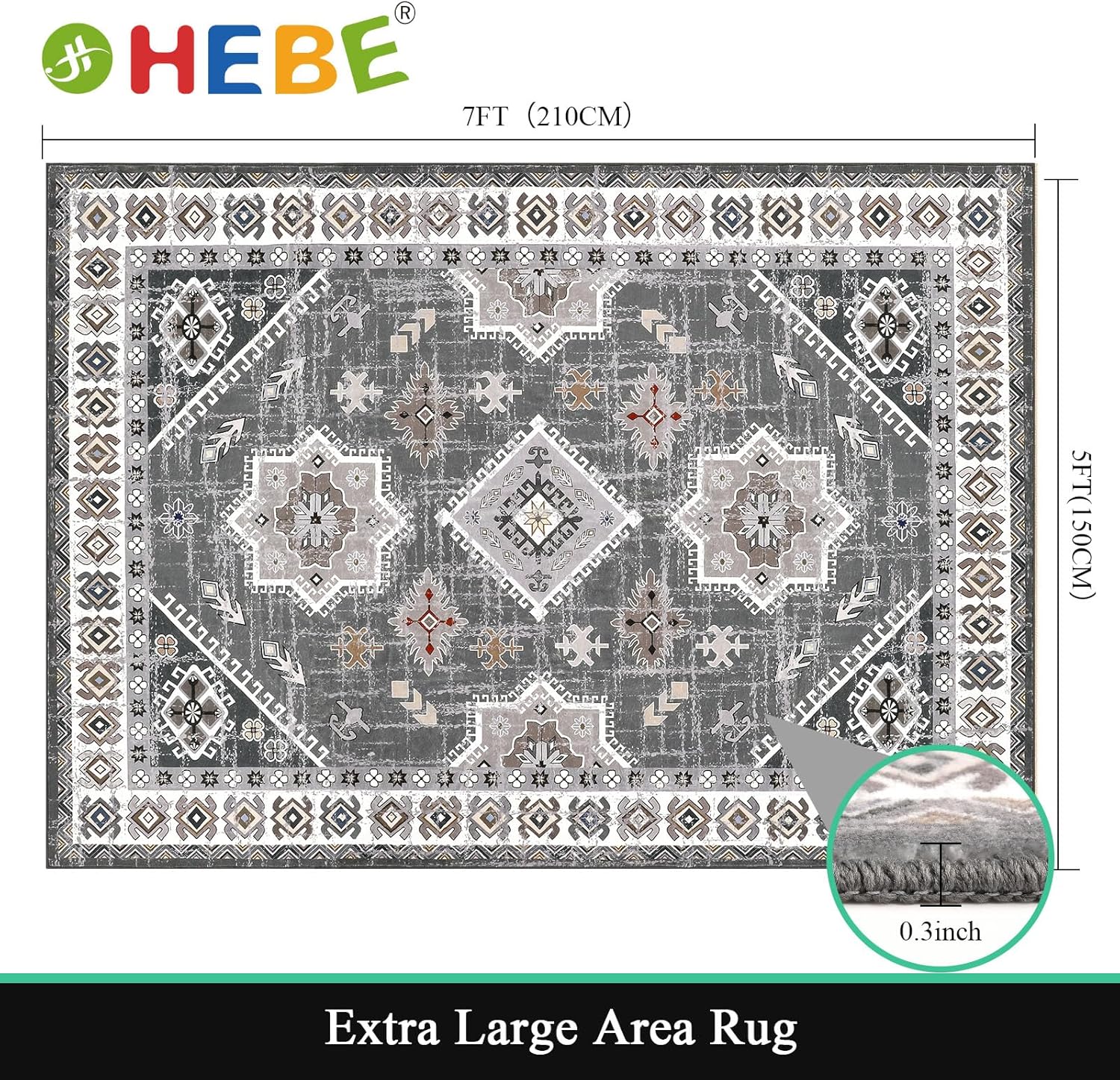 HEBE – Alfombra lavable de 5 x 7 pies, suave, envejecida, antideslizante, para puerta de interior, alfombra de estilo bohemio, alfombra de acento