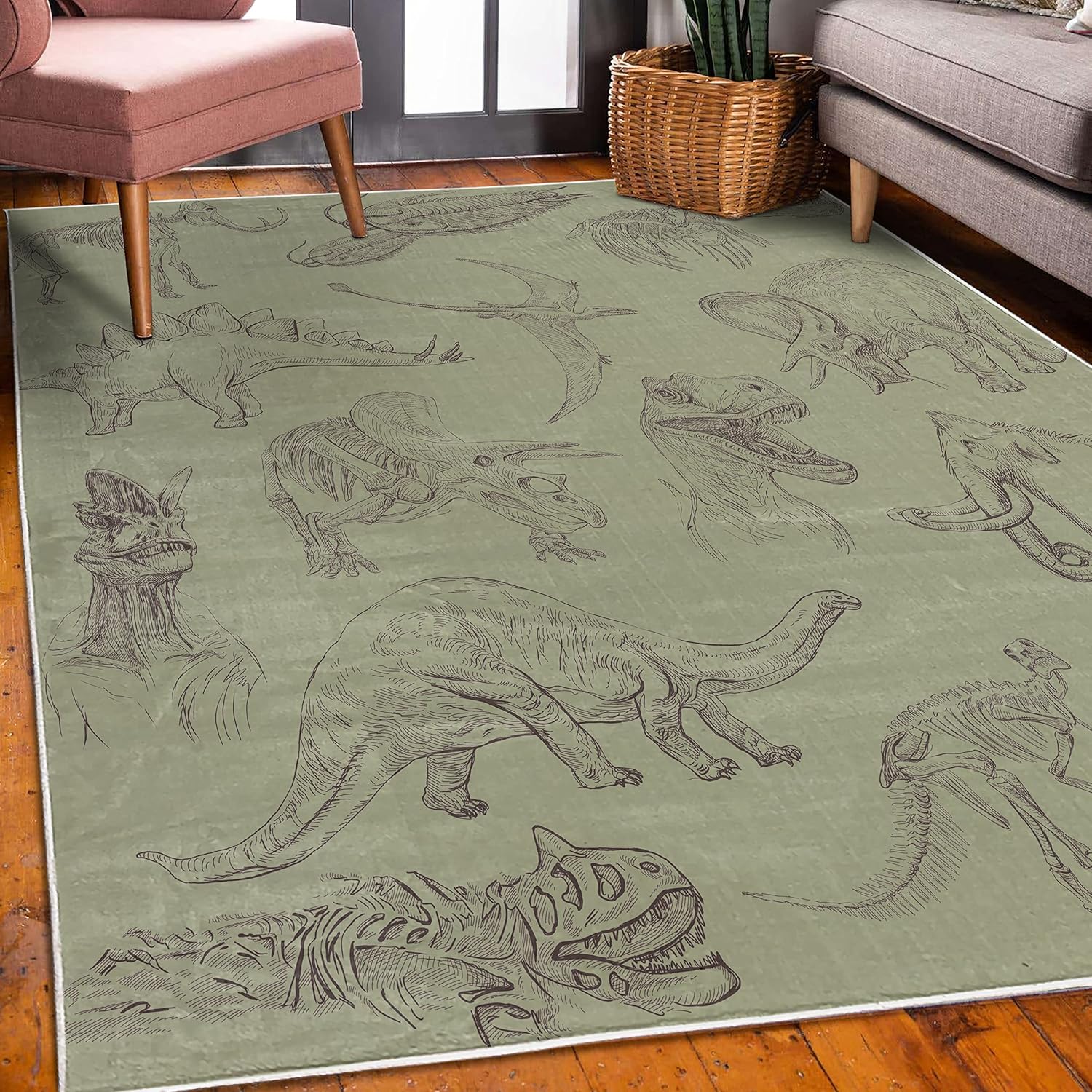 Ambesonne Jurassic – Alfombra decorativa, arreglo de varias ilustraciones de dinosaurios, esqueleto, biología histórica, alfombra de calidad para