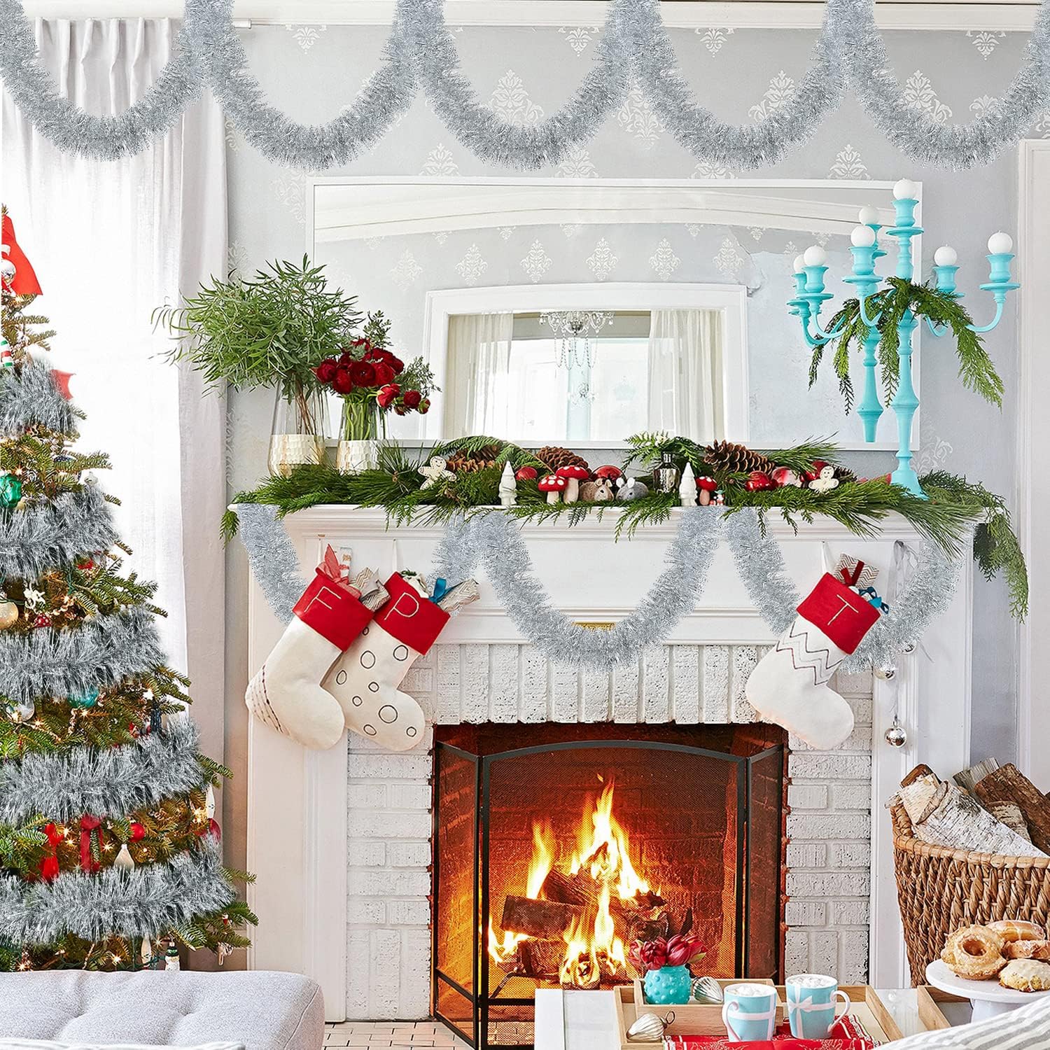 DearHouse Guirnalda de Navidad de oropel plateado de 40 pies, serpentinas metálicas, decoración de árbol de Navidad, suministros de fiesta de