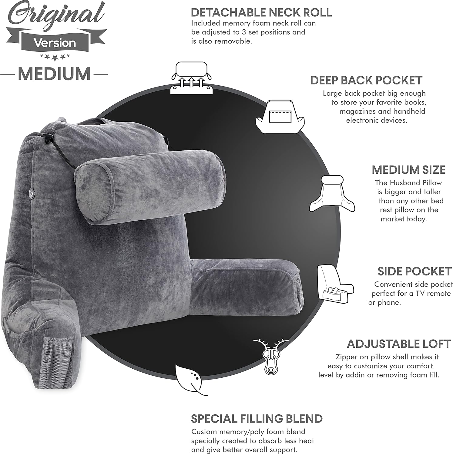 Almohada para marido, tamaño mediano, respaldo para niños, adolescentes, adultos pequeños  almohadas de lectura con brazos, loft ajustable, espuma