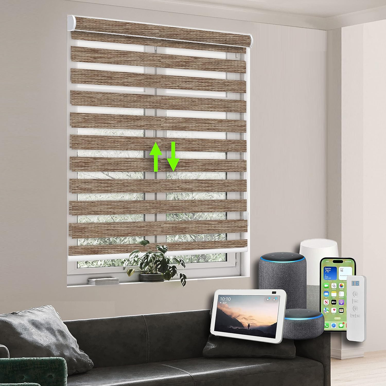 Persianas enrollables motorizadas con control remoto (persianas de ventana) con batería recargable incorporada. Hogar inteligente compatible con la