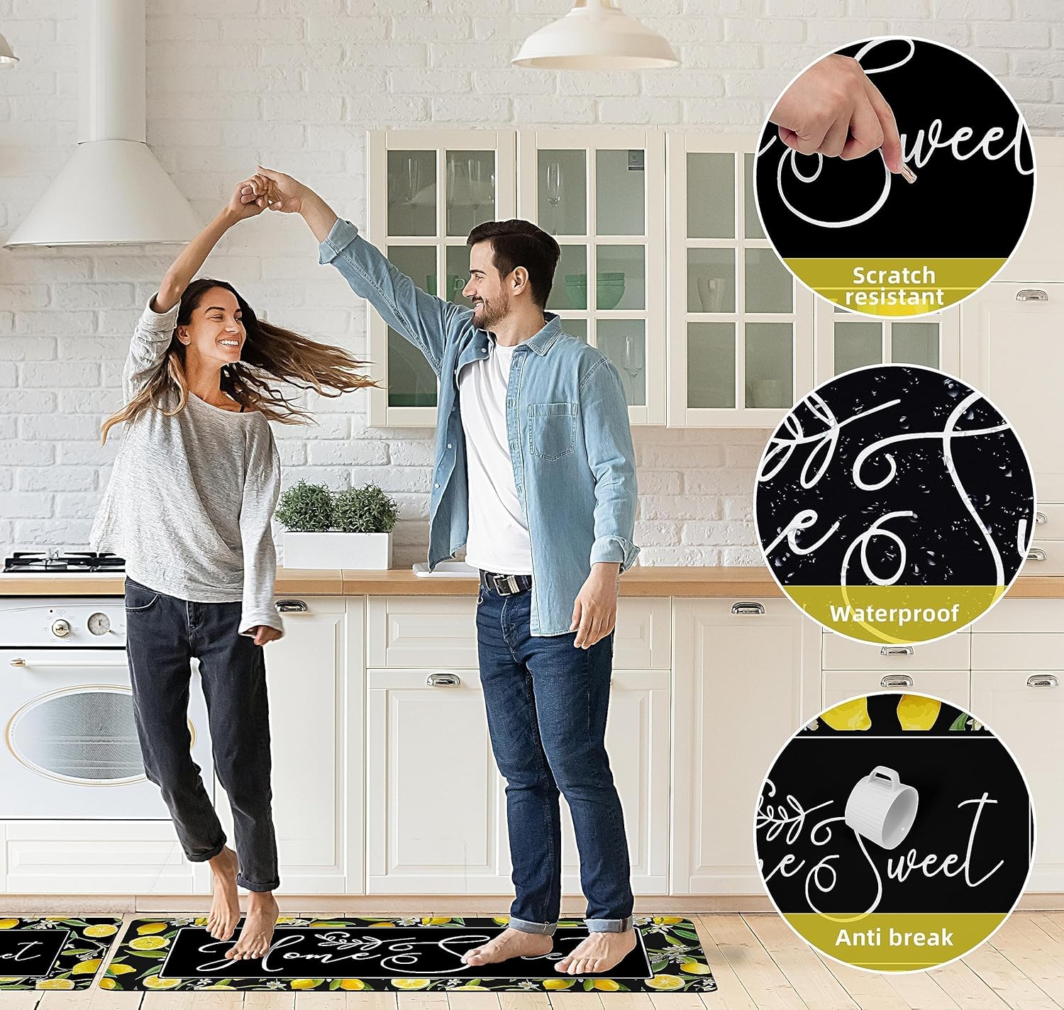 chiinvent Lemon – Juego de 2 tapetes de cocina antifatiga para piso, color negro, amarillo, antideslizantes, lavables, juego de 2 tapetes acolchados
