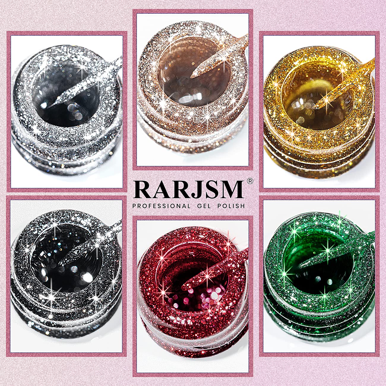 RARJSM Juego de esmaltes de uñas de gel de pintura metálica, negro, plateado, dorado, verde, rosa, negro, brillantina, efecto platino, esmalte de