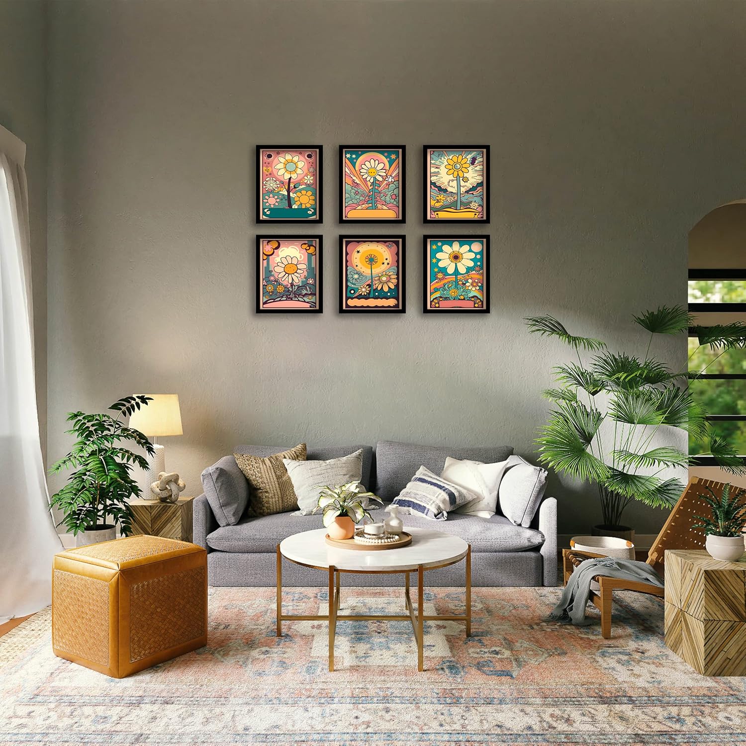 Juego de 6 impresiones de arte hippie para pared, diseño retro, lienzo de flores hippie de los años 60 y 70, pósteres vintage, abstracto,
