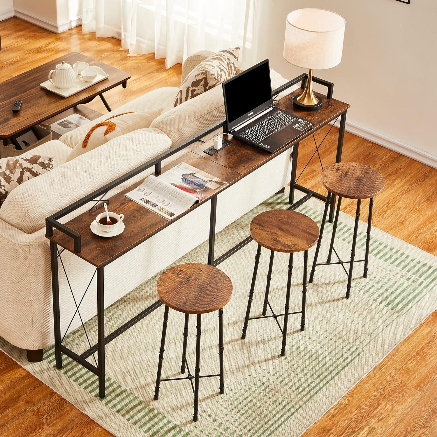 VECELO Mesa consola de 71 pulgadas con 2 salidas y 2 puertos USB, muebles de entrada con cable de alimentación de 9.8 pies de largo, deflector y