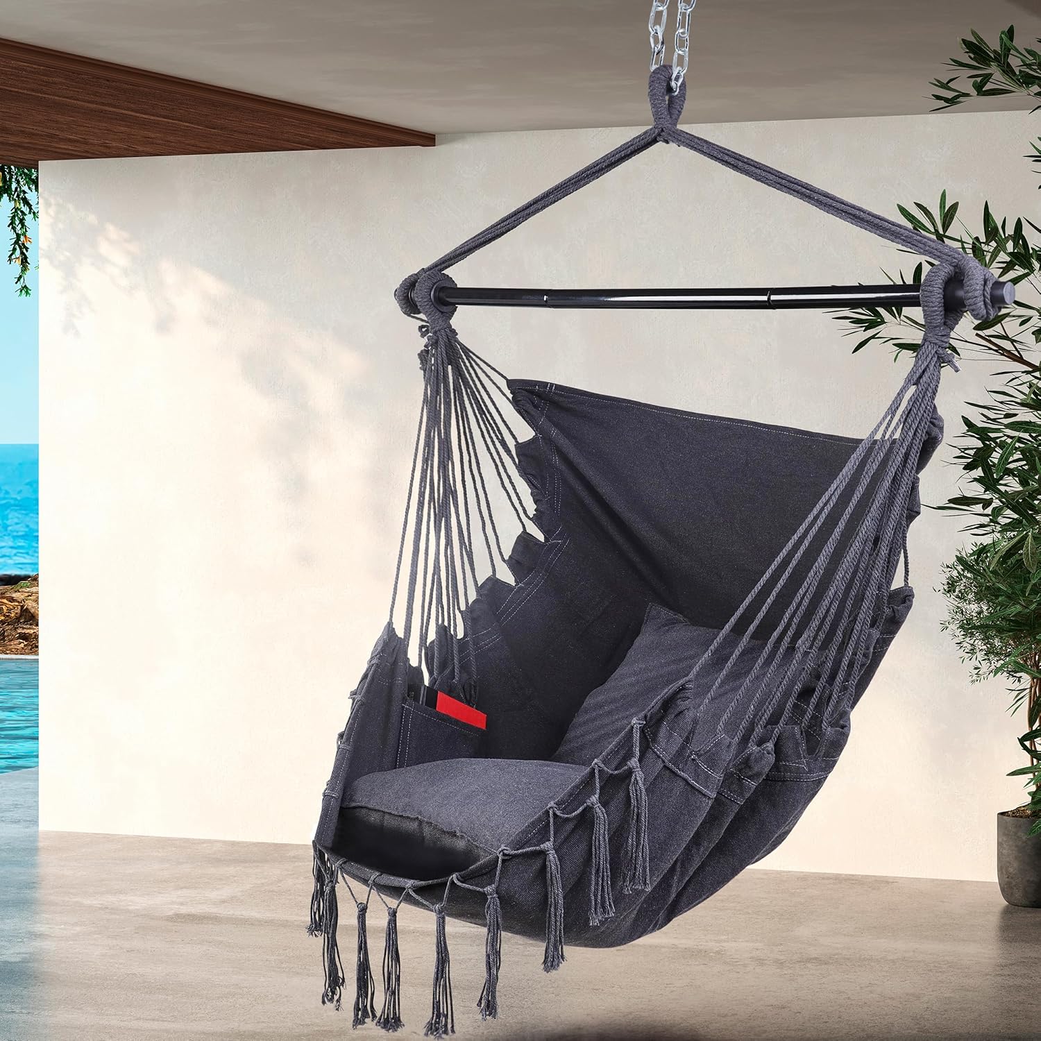 7Penn Silla hamaca colgante con cuerda  Capacidad de 440 libras, de algodón negro, para interiores y exteriores, estilo bohemio, macramé, silla