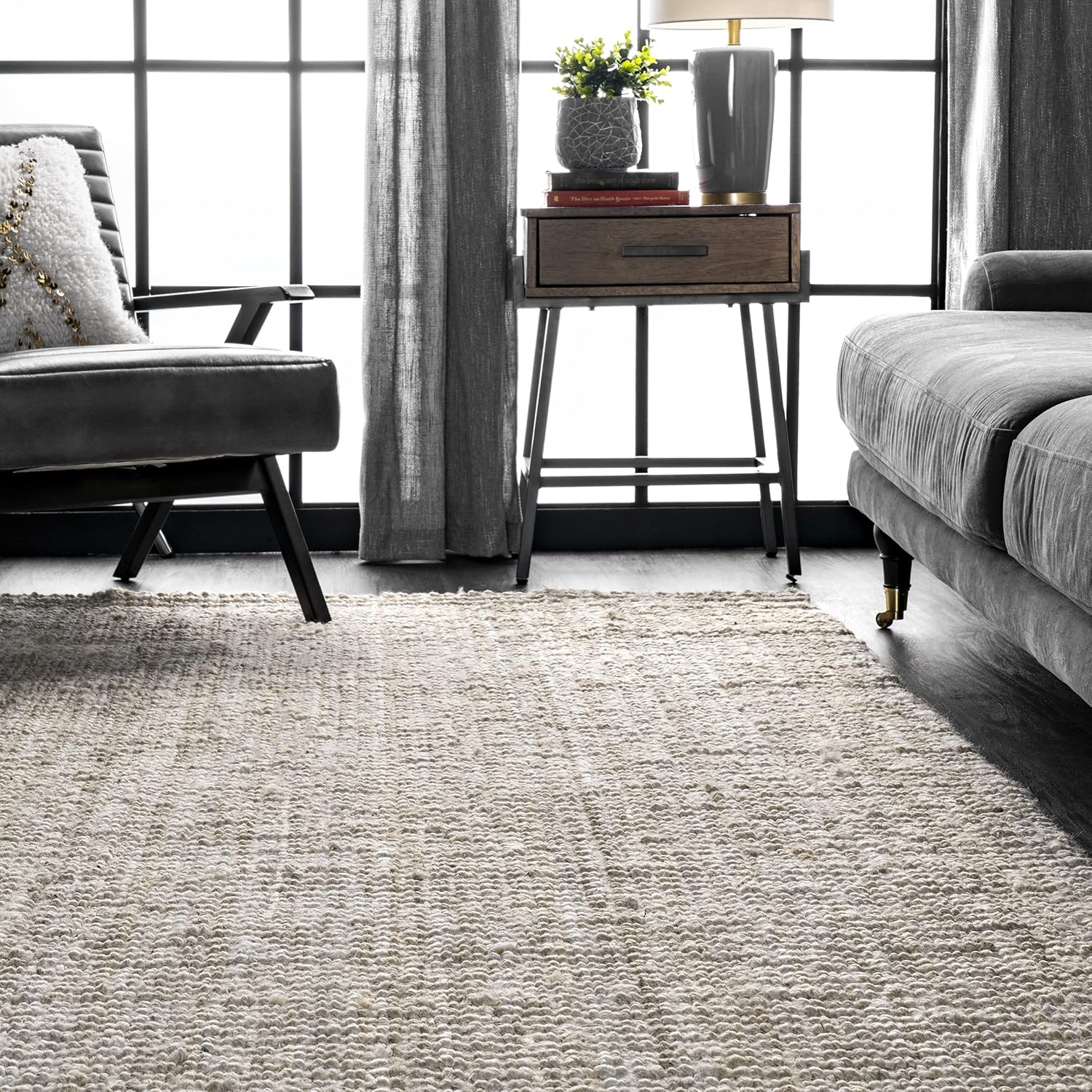 nuLOOM Ashli – Alfombra sólida de yute estilo casa de campo, 7 pies 6 pulgadas x 9 pies 6 pulgadas, color blanco crudo