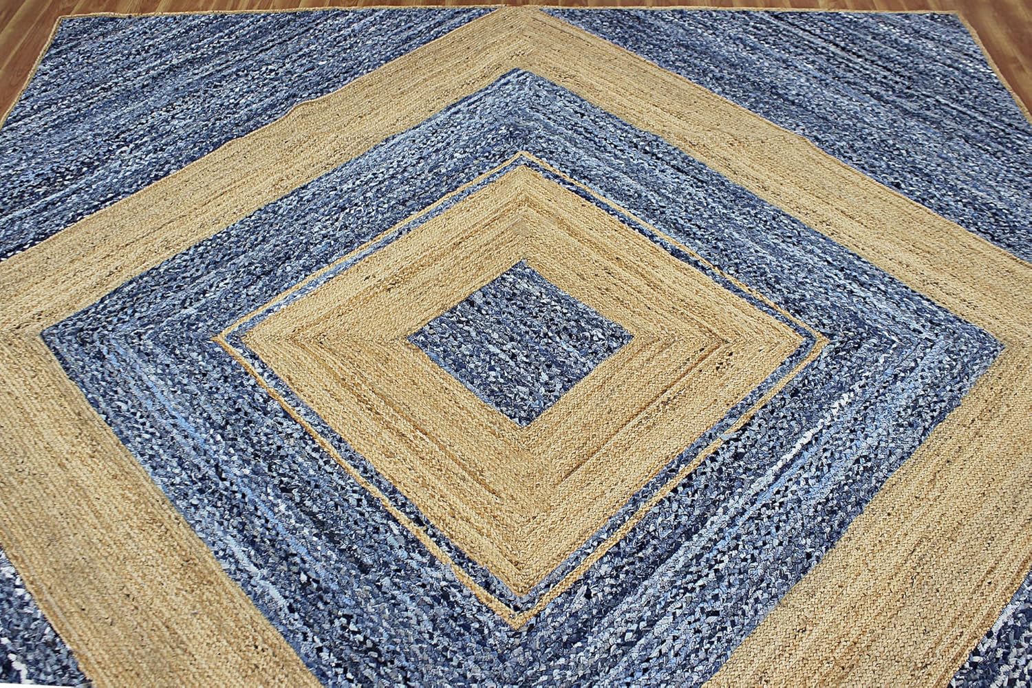 Collection – Alfombra rectangular de 6 x 9 pies, alfombra trenzada azul de algodón y yute, alfombra geométrica kilim para interiores y exteriores,