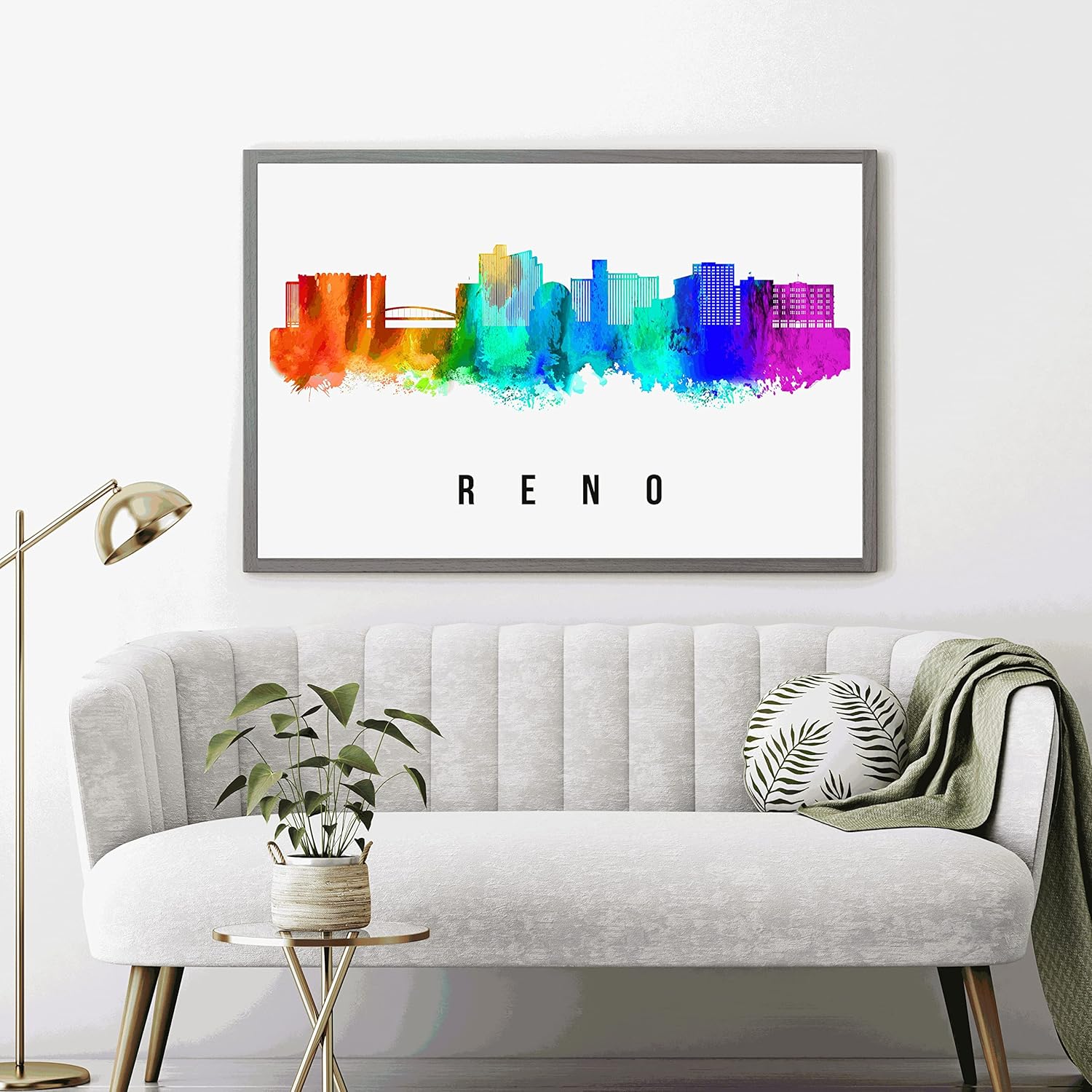 Póster de Reno Skyline Nevada, pintura de paisaje urbano de Reno, póster de Reno Nevada, impresión de paisaje urbano de Nevada y monumentos, arte de