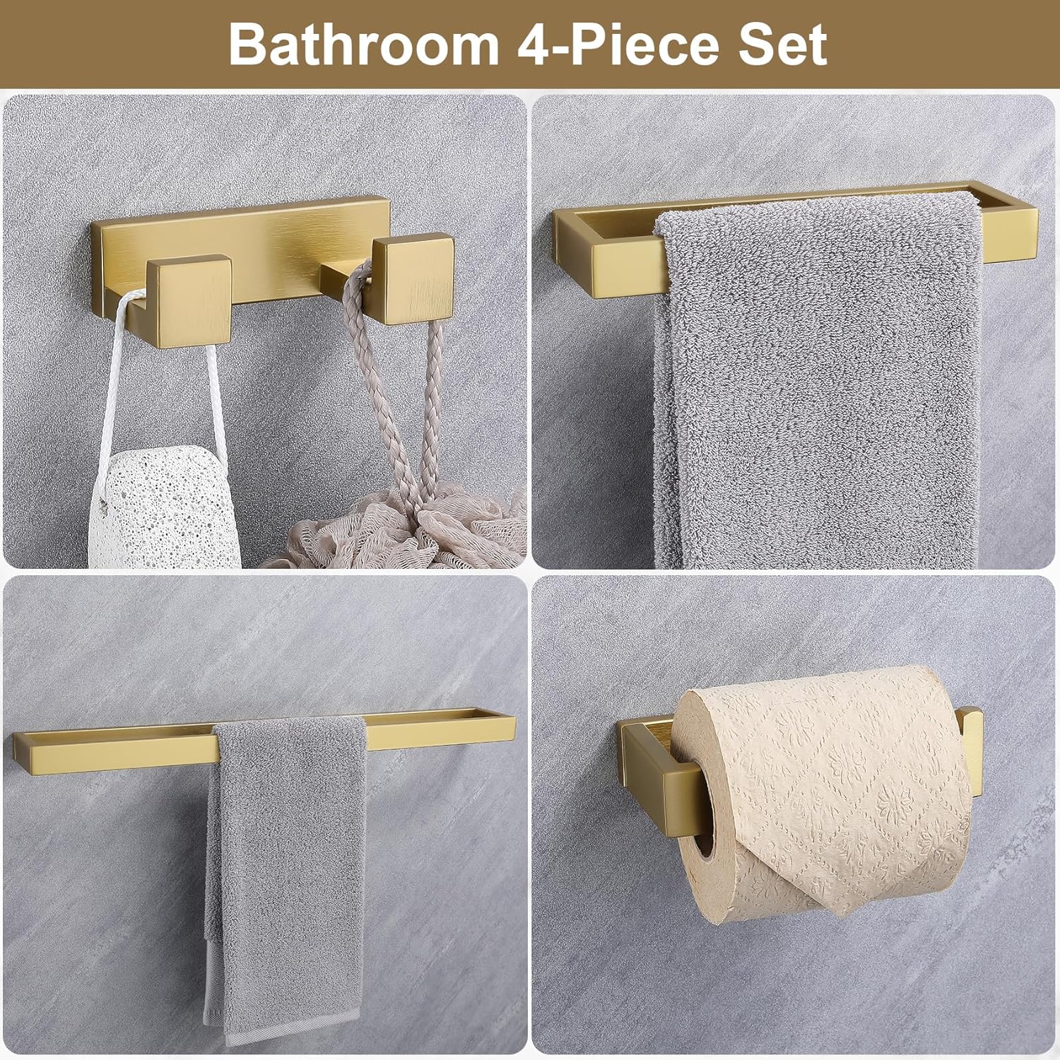 Lairuier Juego de accesorios de baño, juego de accesorios de baño de 4 piezas de oro cepillado, incluye toallero, soporte para toallas, soporte para
