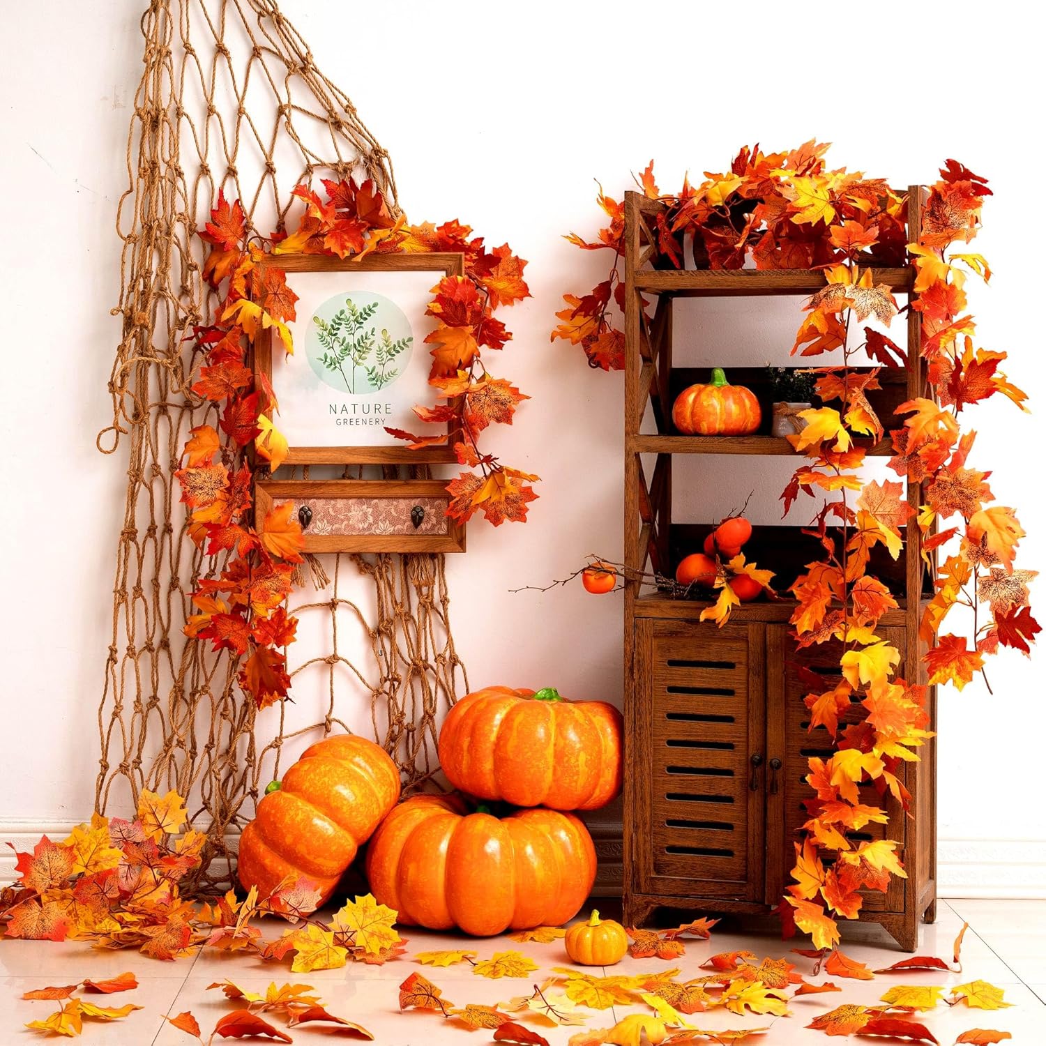 Paquete de 3 guirnaldas de hojas de otoño, 5.7 piespieza, decoración de hojas de arce para manto, chimenea, guirnalda artificial de follaje otoñal