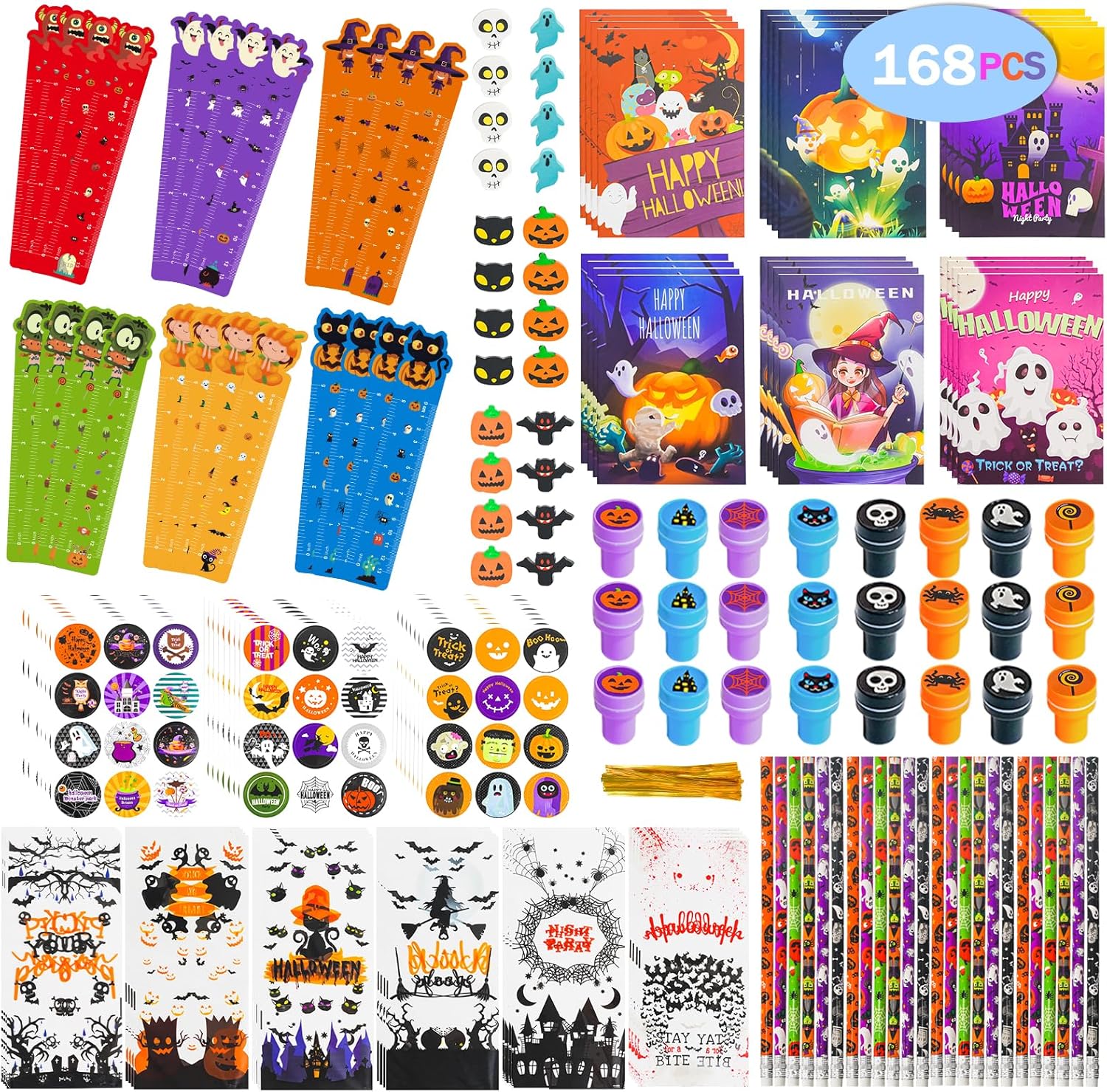 Juego de regalo de papelería de Halloween de 168 piezas, temática de Halloween para recuerdos de fiesta y premios, relleno de bolsas de golosinas de