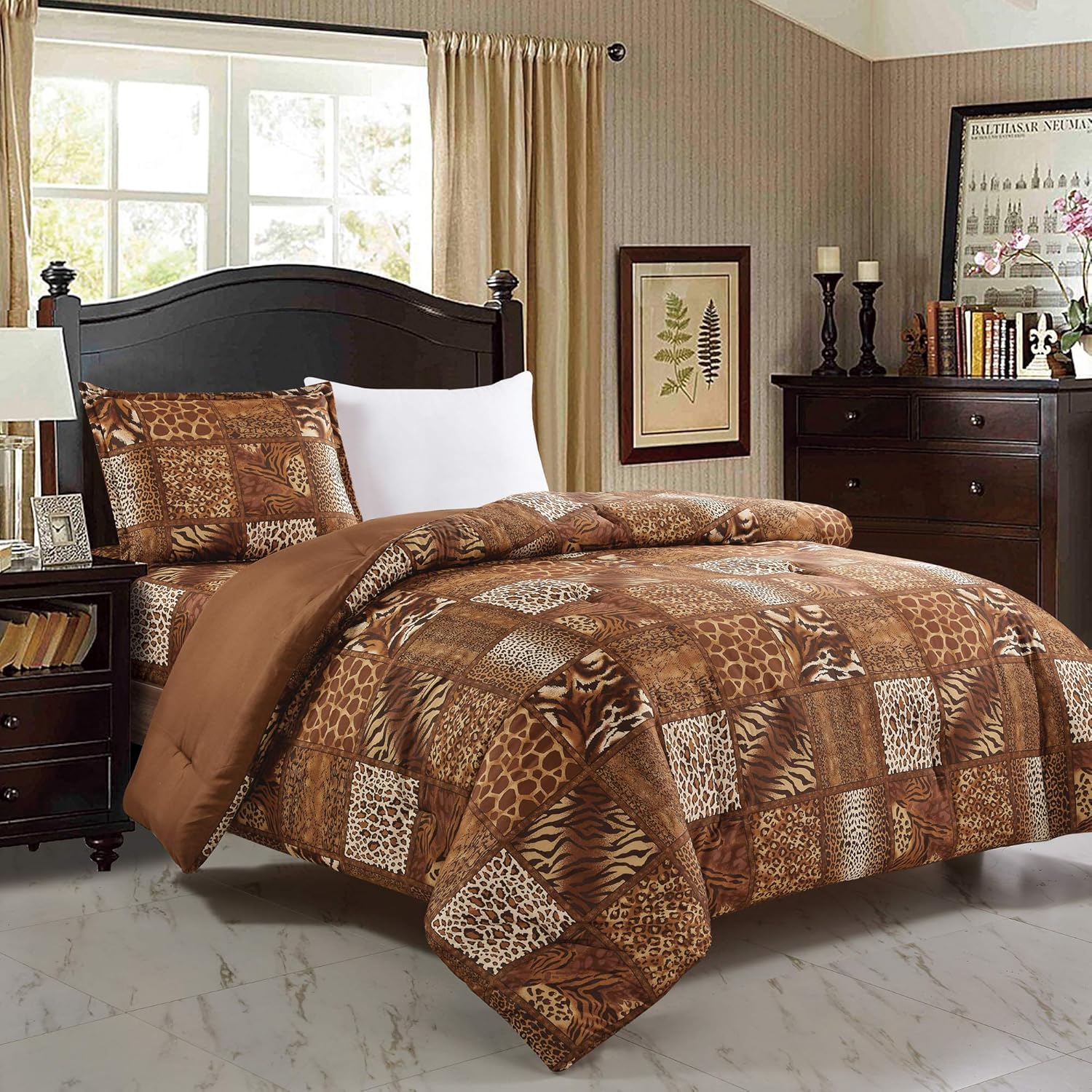 WPM – Edredón de 2 piezas con estampado de animales y funda de almohada, ropa de cama de tamaño individual, diseño de leopardo, cebra, jirafa,