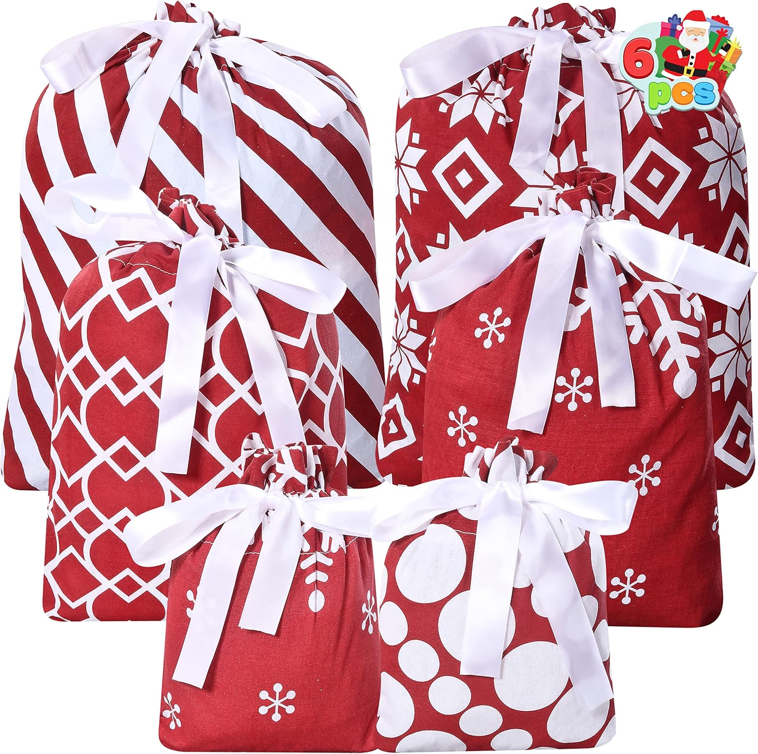 JOYIN 6 bolsas de regalo de tela roja de Navidad con 5 diseños de bolsas de tela de algodón de Navidad con cordón para decoración de Navidad, bolsas