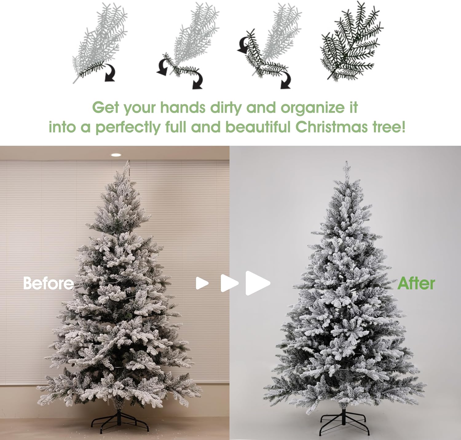 Árbol de Navidad flocado preiluminado de 7 pies con luces blancas cálidas, árbol de Navidad lleno de nieve con 1326 puntas de rama, 400 luces
