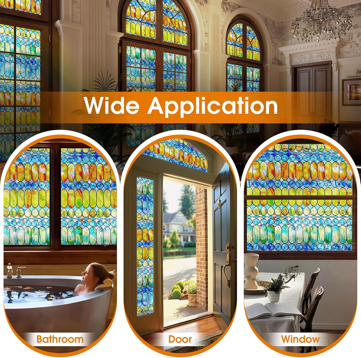 Película 3D de vidrieras para ventana Película de privacidad para ventana de arco iris, decoraciones coloridas para ventanas para el hogar, película
