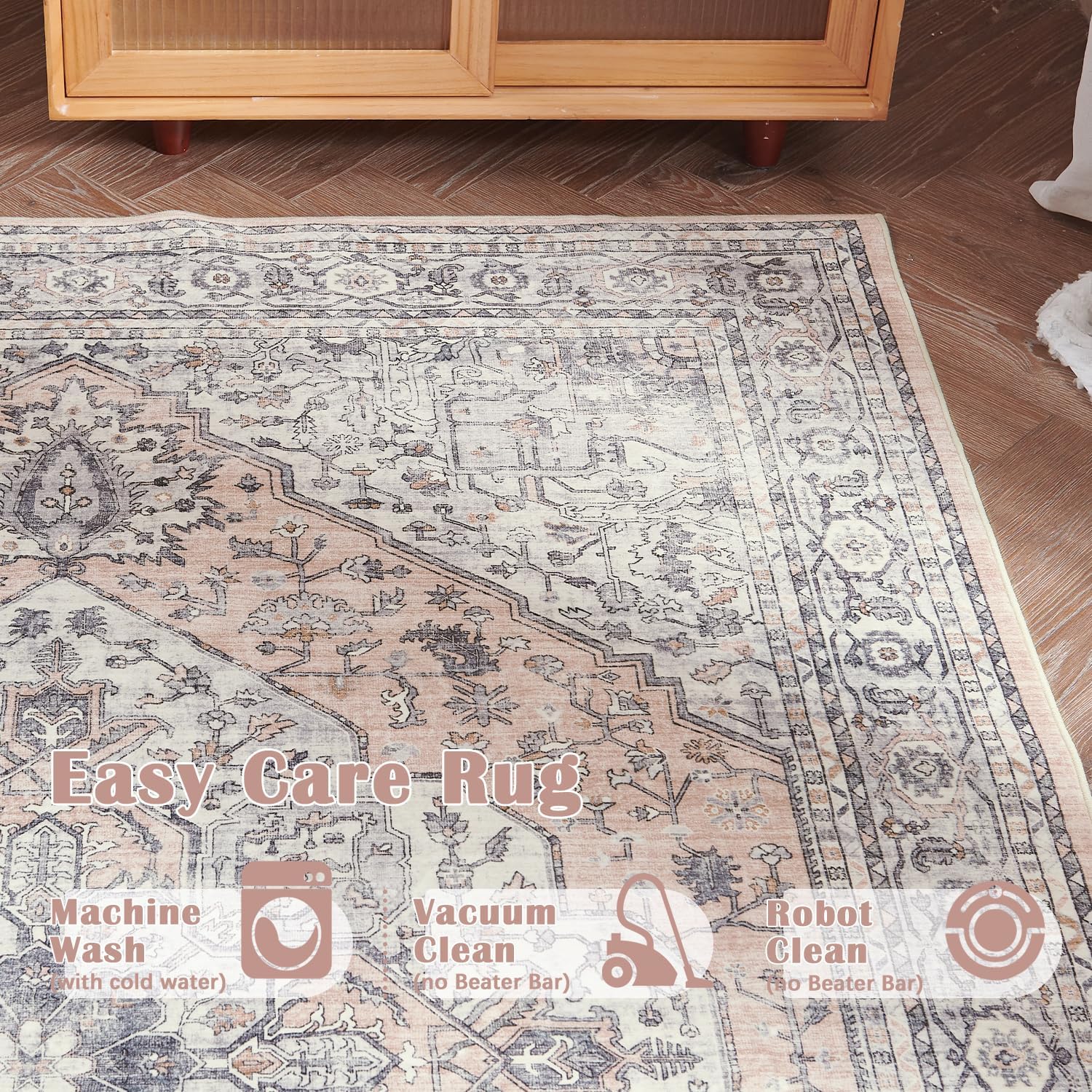 jinchan Alfombra decorativa de 6 x 9 pies para sala de estar, interior, gris, rosa, vintage, suave, impresa, envejecida, antideslizante, grande,