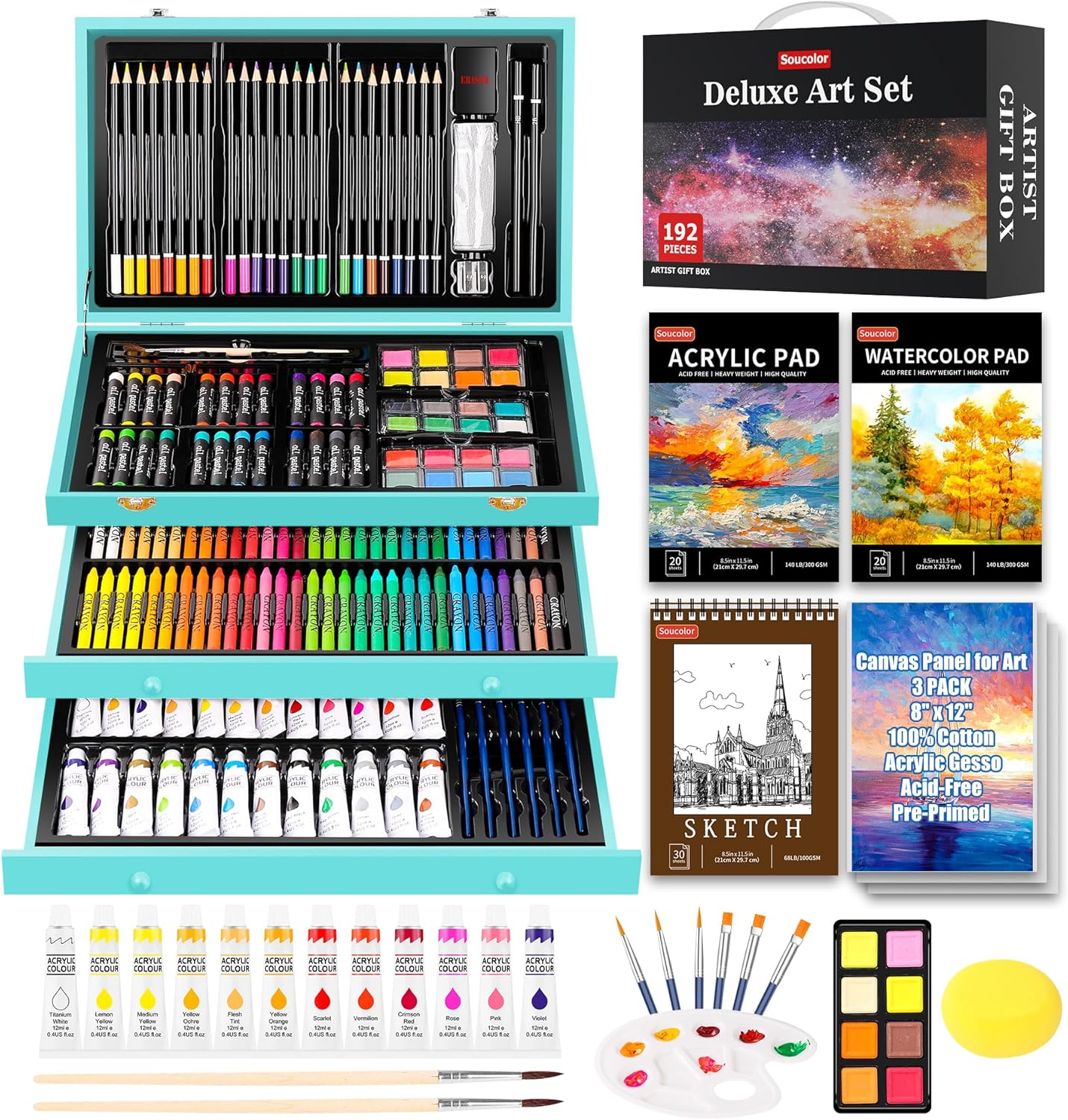 Soucolor Suministros de arte, paquete de 192 piezas de arte de lujo, suministros de pintura de dibujo, kit de arte con almohadilla acrílica,
