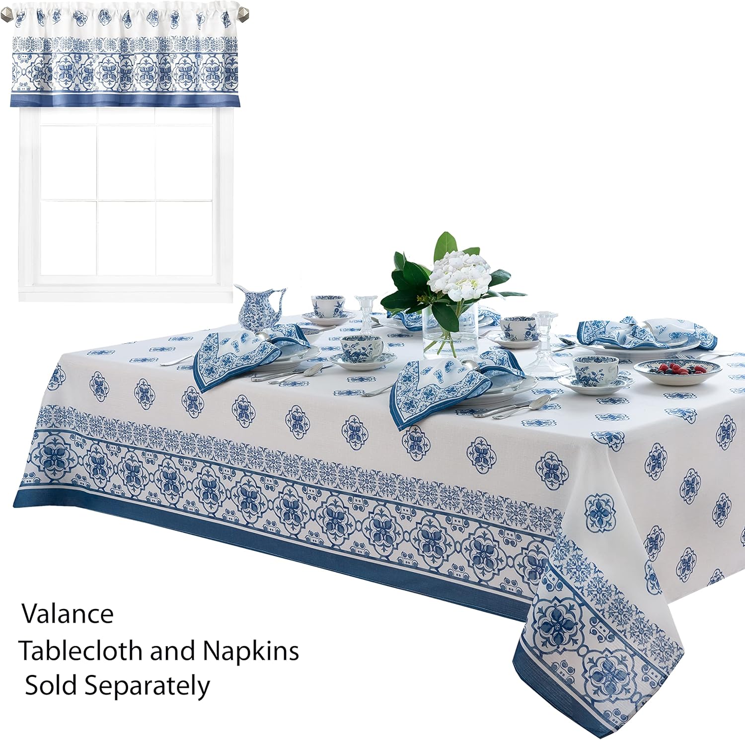 Newbridge Mykonos – Mantel de tela con borde de azulejos mediterráneos, estampado de medallón azul para interiorexterior, resistente a las manchas,