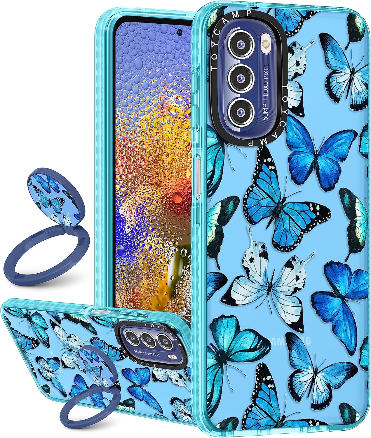 Toycamp Funda para teléfono Moto G Stylus 5G 2022 con soporte de anillo, bonita funda de dibujos animados de mariposa para mujeres, niñas, niños,