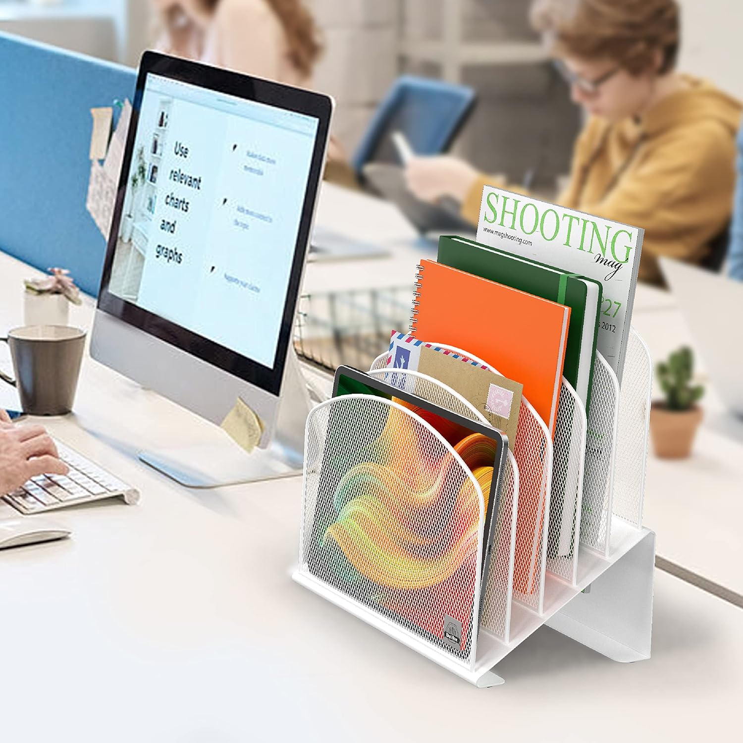 Organizador de archivos de escritorio inclinado, soporte vertical de 5 secciones, soporte de metal clasificador de archivos para oficina y aula