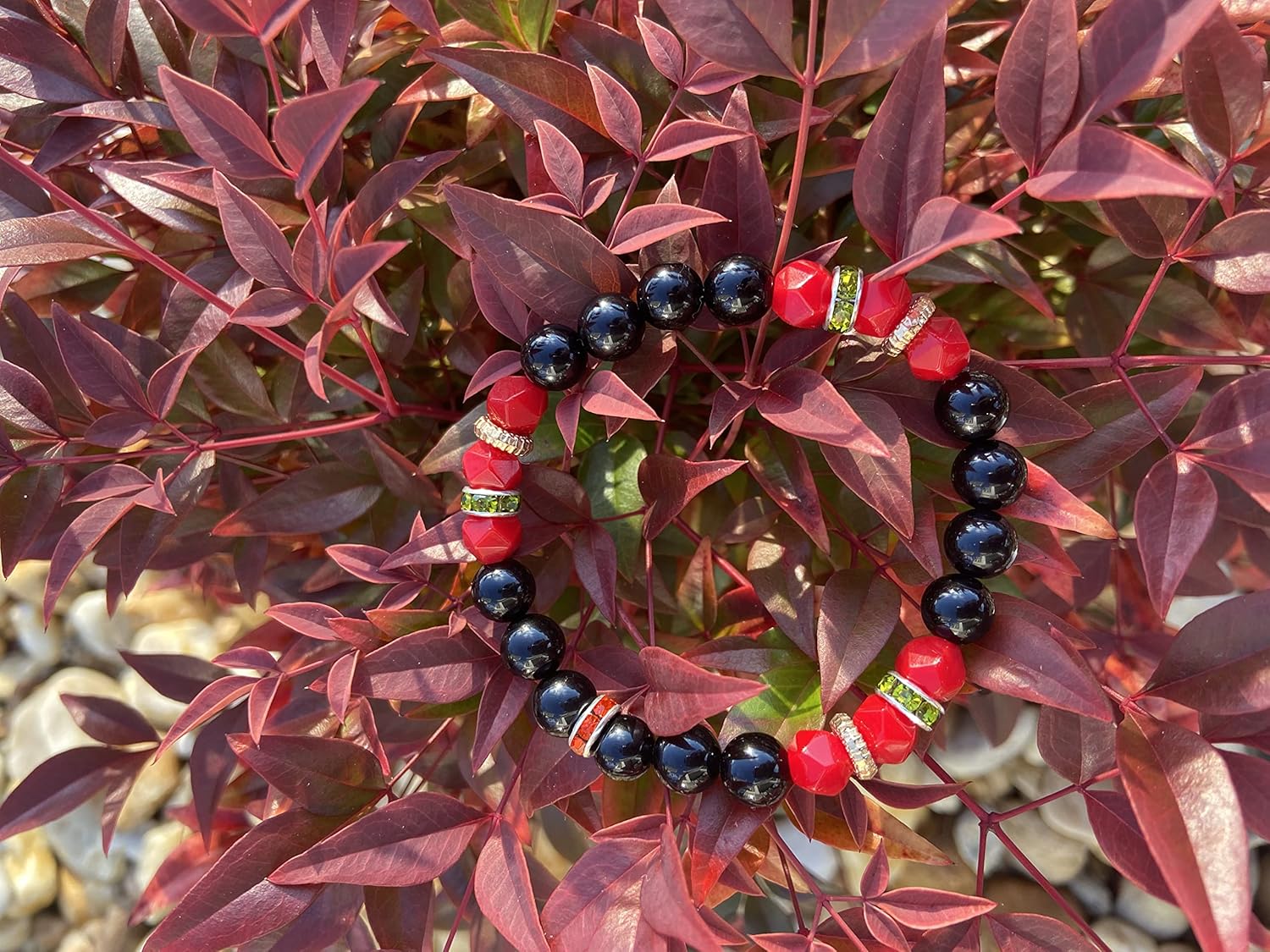 Black onyx and red jade protection bracelet- Rasta and Jamaican inspired natural stone stretch elastic beaded bangle jewelry
