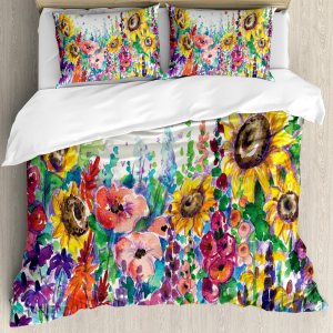 Ambesonne Juego de funda de edredón floral, diseño floral de flores silvestres en campo Lansdcape coloridas flores, juego de ropa de cama decorativo Ambesonne Juego de funda de edredón floral, diseño floral de flores silvestres en campo Lansdcape coloridas flores, juego de ropa de cama decorativo