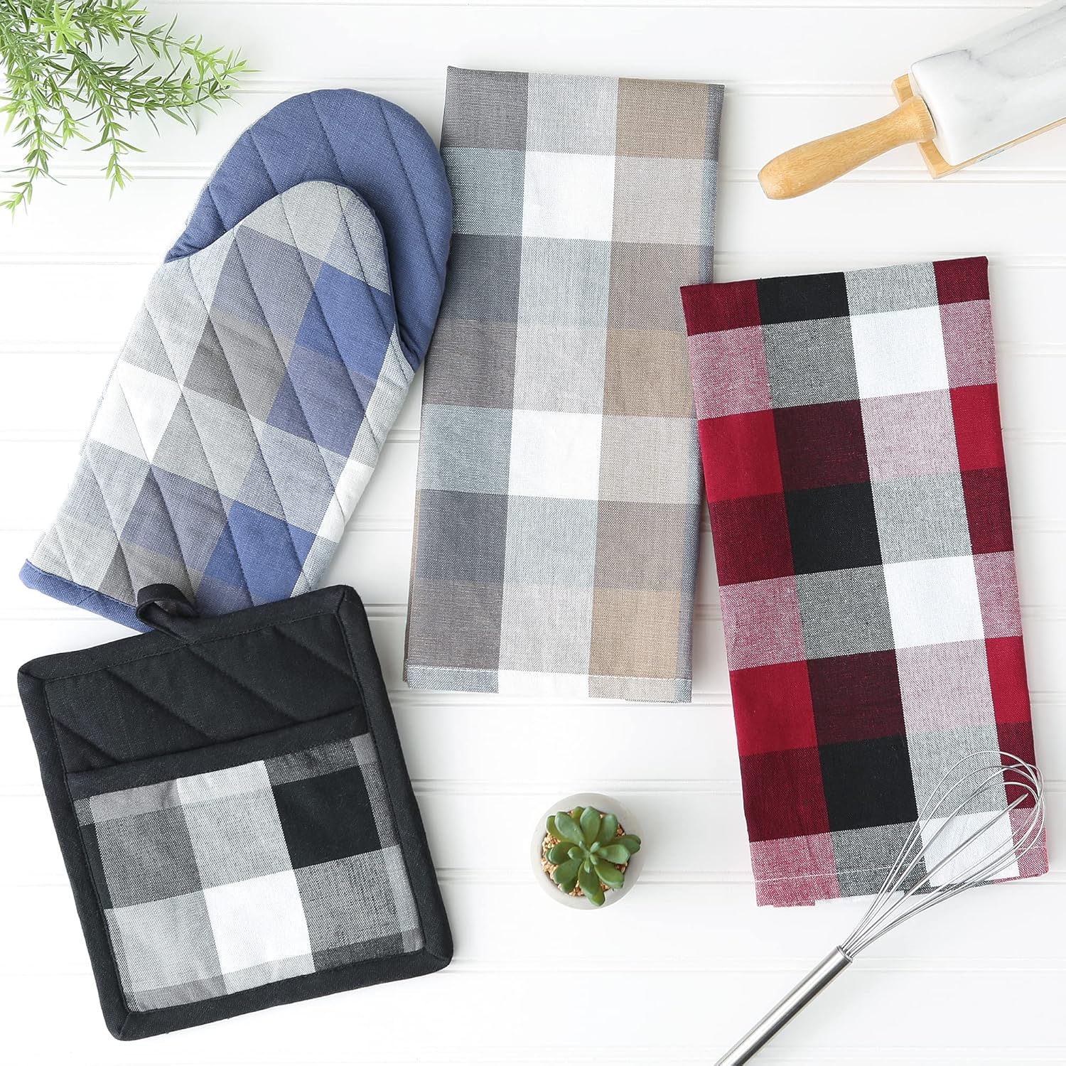 DII Tri-Color Check Collection – Juego de manoplas para horno, color azul francés, 2 piezas