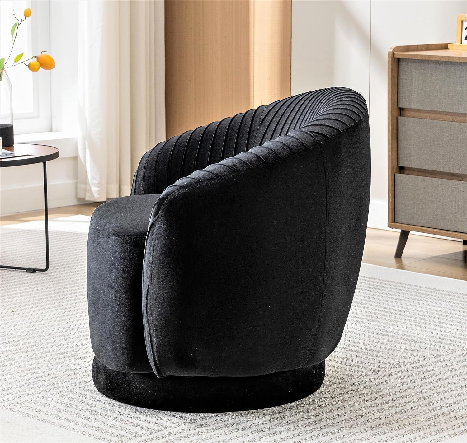 Modern Barrel – Silla giratoria con tapicería de terciopelo de felpa y rotación suave de 360, sofá de un asiento redondo para sala de estar,
