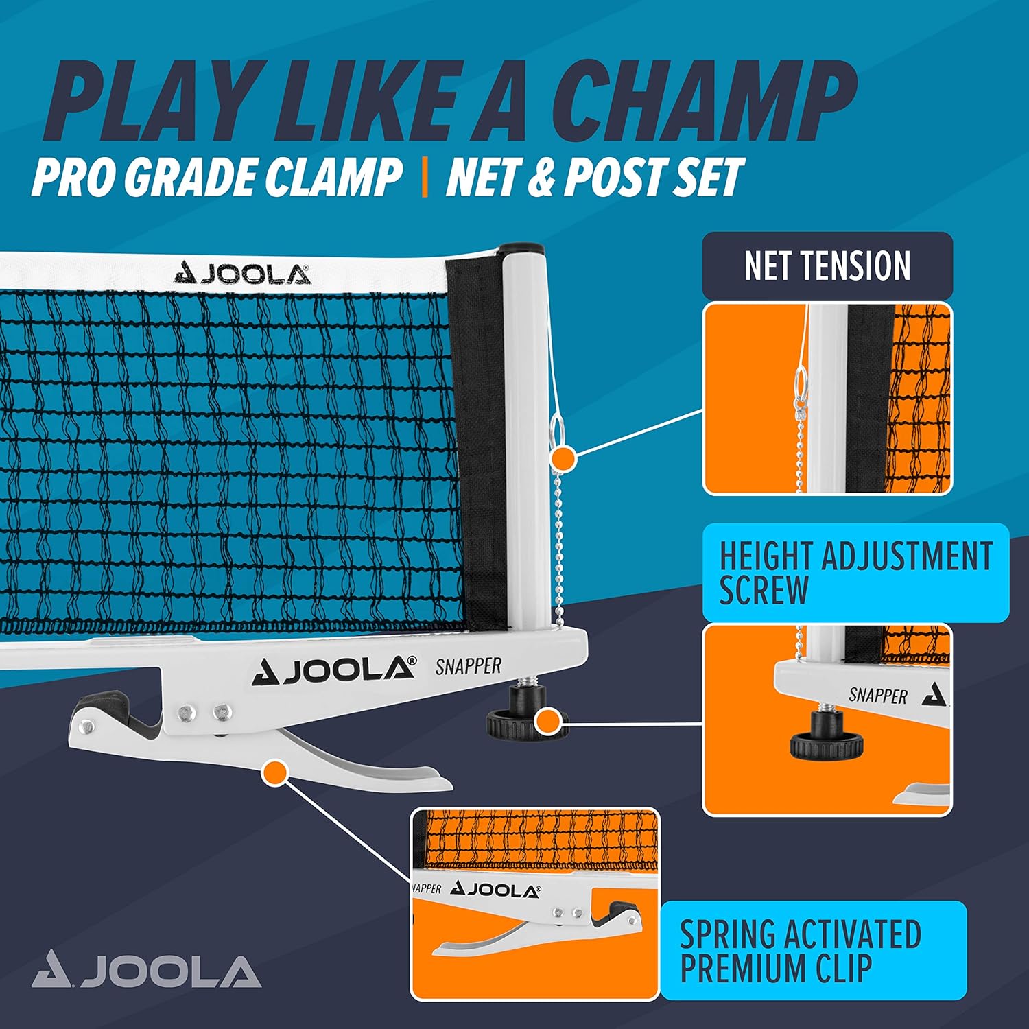 JOOLA Snapper – Juego de red y poste de tenis de mesa profesional, portátil y fácil de instalar, 72 pulgadas, tamaño reglamentario, red de
